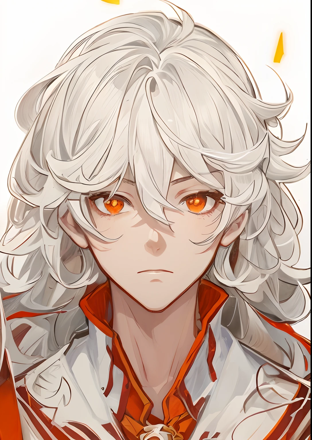 anime - style image of a man with white hair and red-orange eyes, white haired, detailed anime character art, anime character portrait, with glowing red-orange eyes, white haired deity, he had white hair, emotionless and expressionless, light indian skin tone, white-haired, stunning anime face portrait, detailed anime face, anime style portrait, detailed fanart, creme-white ambience background, detailed hair strands