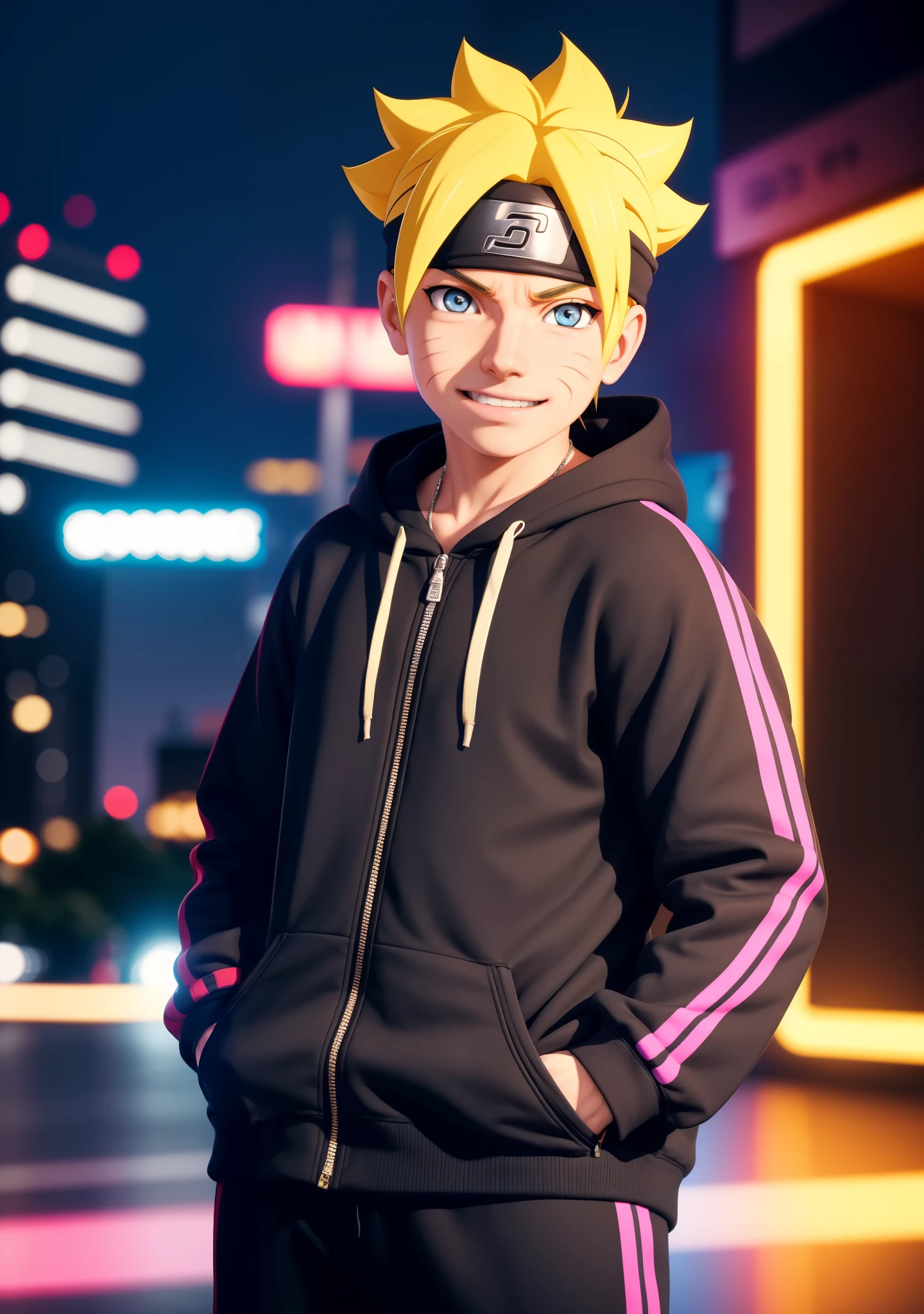 masterpiece, ultra-detailed, 1boy, male focus, upper body shot, Boruto wearing Streetwear Hoodie, yellow hair, look at viewer, happy face, Hands in pockets, vibrant colors, cityscape background, dinamic lighting, highly detailed face, stylish, urban style, cool attitude, bokeh, blurry background,