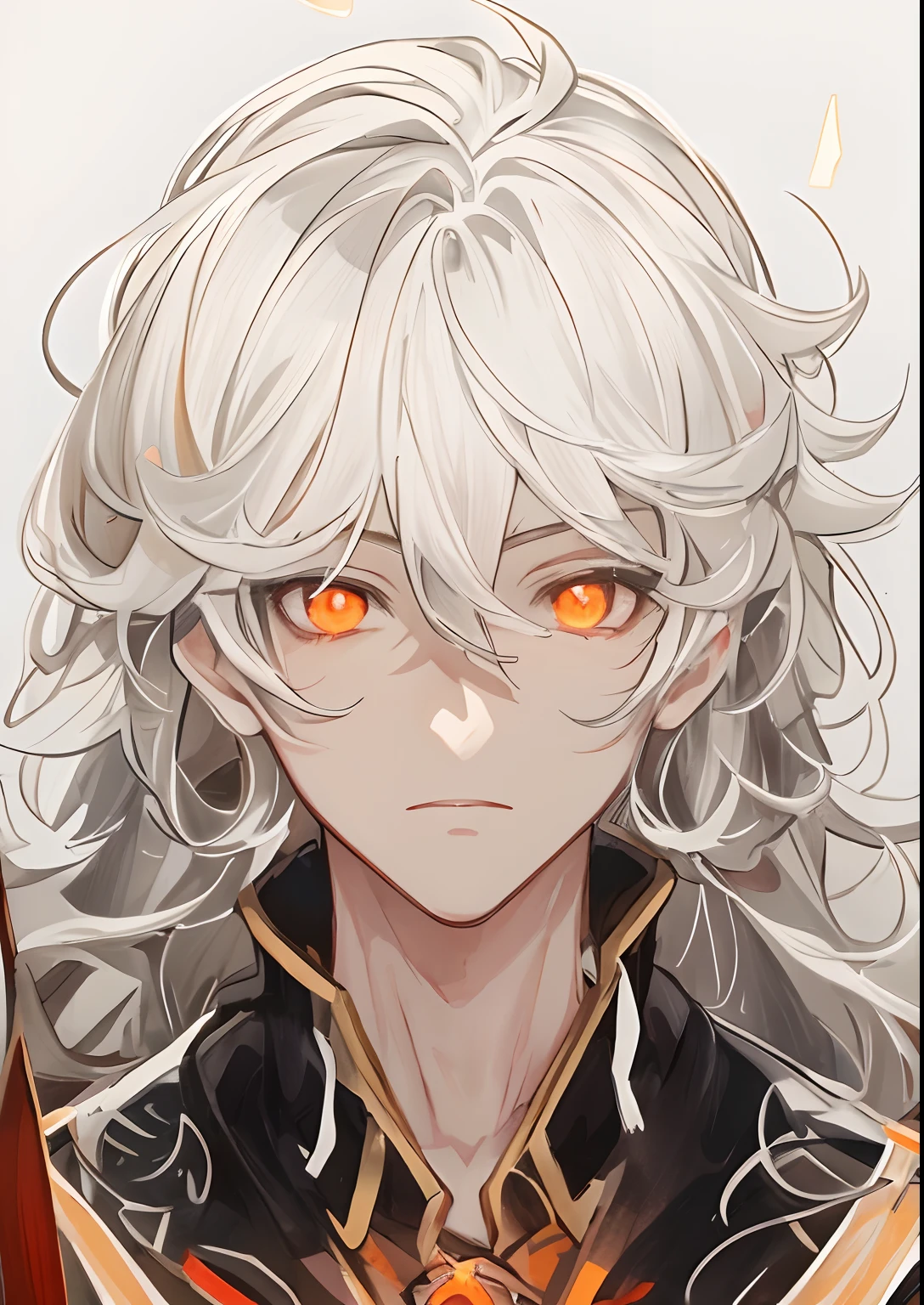 anime - style image of a man with white hair and red-orange eyes, white haired, detailed anime character art, anime character portrait, with glowing red-orange eyes, white haired deity, he had white hair, emotionless and expressionless, light indian skin tone, white-haired, stunning anime face portrait, detailed anime face, anime style portrait, detailed fanart, creme-white ambience background, detailed hair strands