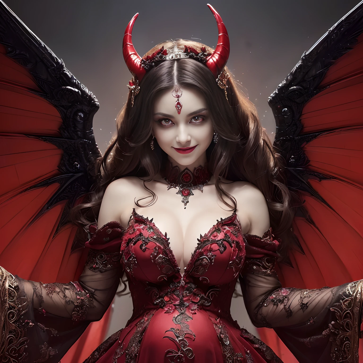 ((Very beautiful demon queen,pregnant,Slightly bulging belly,Dresses that cover the belly,Big Princess Dresses,Final form as a complete demon,The Devil's Masterpiece,Huge and intricate demon wings,The most dignified wings,Beautiful Demon King,The most dignified and beautiful devil,Intricate and solemn beautiful dress,The figure of a complex, majestic and beautiful demon,The most majestic figure of the devil,The most intricate depiction of the devil,Intricate reproduction of perfect demonic details,The unimaginably gorgeous and beautiful figure of the devil,The figure of an unimaginably huge and beautiful demon)),((Most beautiful face,Half Japan and half Spanish,The biggest happy smile,Beautiful wavy hair,Black and red vertical painted hair,The most luxurious and intricate dresses,The biggest smile looking at the camera)),(eyes glowing red,Glowing red eyes,Glowing red eyes)),Chest that seems to burst,Giant wings of the devil,a lot of blood on the face,,The background is the perfect Devil's Castle look,Masterpiece,8K,very intricate,ultra-detailliert