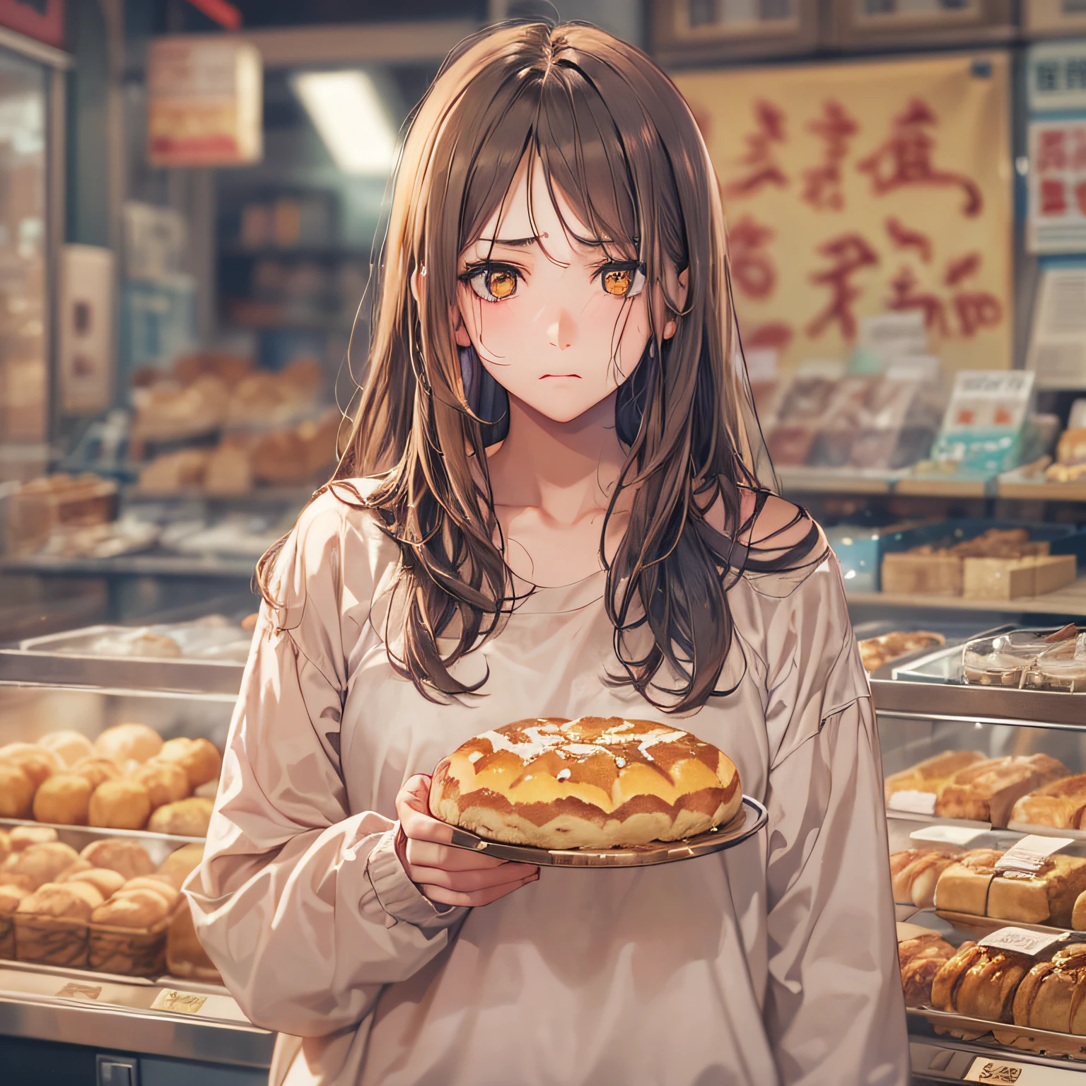 **masterpiece、top-quality、(brown colored long hair:1.1)、20-year-old yellow-eyed woman、japanese comic book、Large one-shoulder T-shirt in pink、Clothes are torn、being thin、(small tits:1.1)、(Depressed and gloomy look:1.3)、(Staring:1.5)、(Close-up of the subject's face:1.3)、Bakery in the background、Bold composition、Upper body is shown、Alone、**