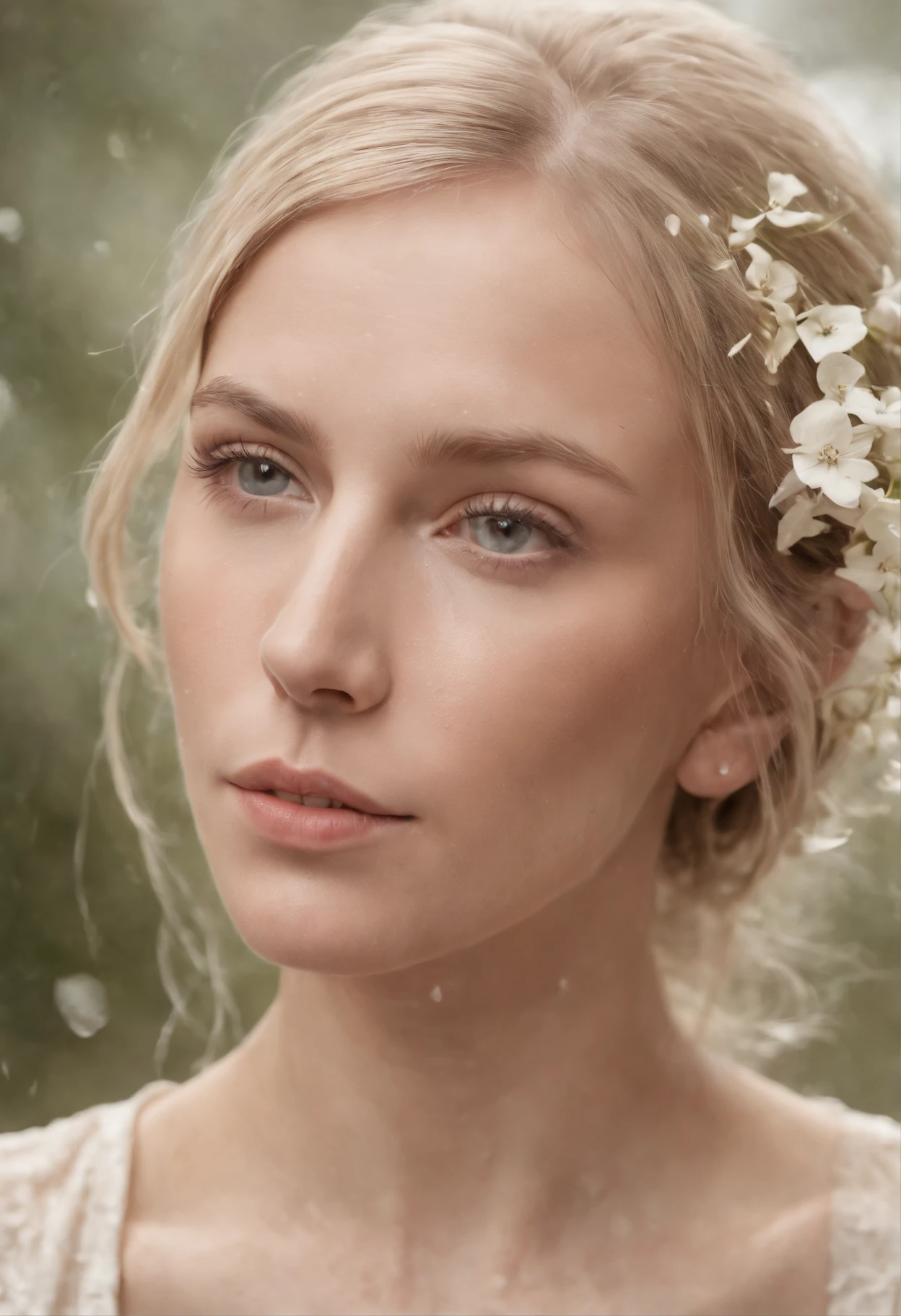 Caucasian woman in illustration,Flowers dripping on the face,Upper body,Blonde hair, Collage-based style, Made of insects, William Wegman, Skin color discrimination, White background, Pencil art illustration, National Geographic photo,full bodyesbian