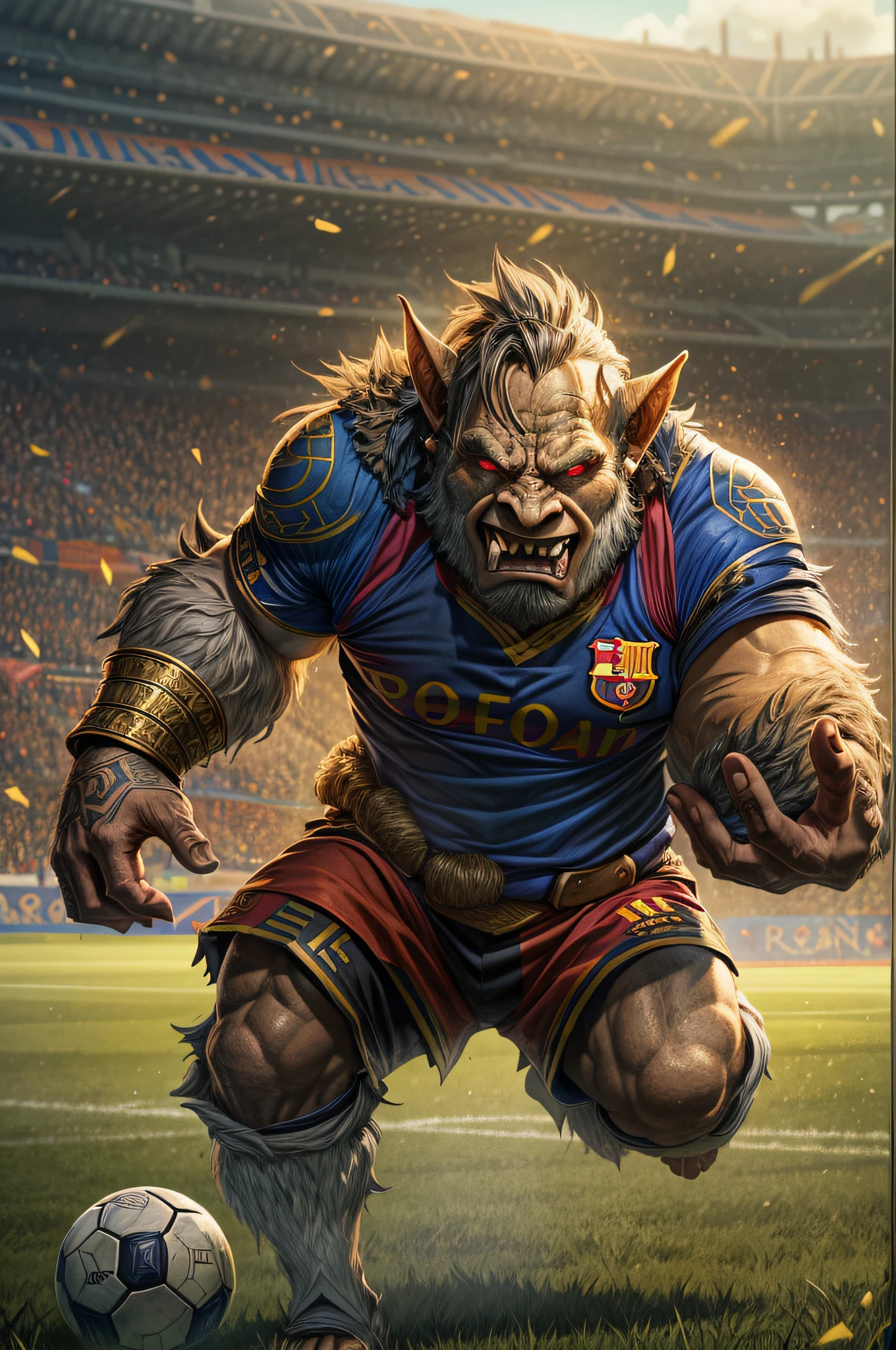 RPG art, fantasy art, a big orc playing soccer, a big orc grey skin, large tusks, furry skin, black eyes, there is a golden nose ring in his nose, wearing Barcelona Football club uniforms, he has the ball and runs towards the goal,