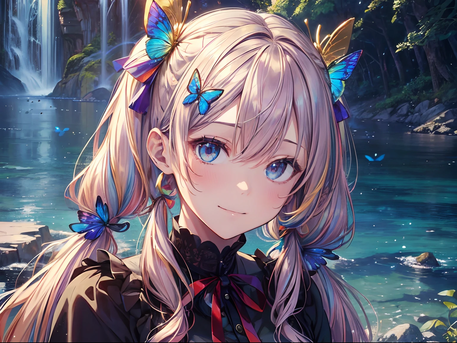 (masutepiece:1.3), (8K, Photorealistic, Raw photo, Best Quality: 1.4), Beautiful face, (Realistic face), Beautiful detailed eyes, (Realistic skin), Attractive, Intricate details,Golden ratio, 1 girl,Naughty smile, (rainbow hair:1.4),((Long twintails,Ribbon 1.4)),(Blue butterfly hair ornament),Golden light、rainbows、Heaven、angelicales、Deities、Luz Divina(masutepiece:1.3), (8K, Photorealistic, Raw photo, Best Quality: 1.4), Beautiful face, (Realistic face), Beautiful detailed eyes, (Realistic skin), Attractive, Intricate details,Golden ratio, Blue butterfly、lake、the woods、Being in Heaven、Landscape painting