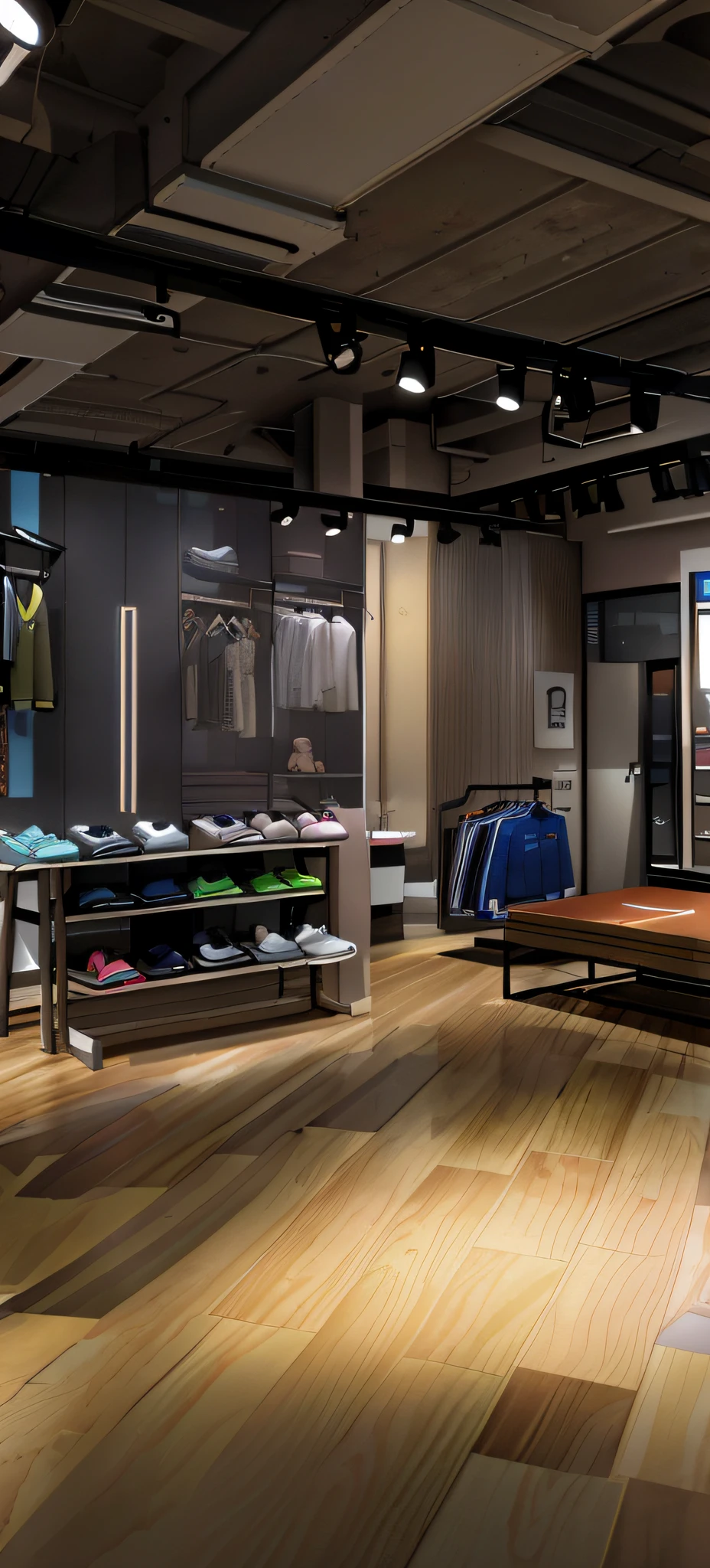 There was a big room，There are a lot of shoes and bags inside, retaildesignblog, photo for a store, high detailed store, stores, shop front, show room scene, stores, hyper realisitc, new balance pop up store, Stores, artistation render, photorealistic ”, photorealistic”, conceito, Soft natural light, photoreal render