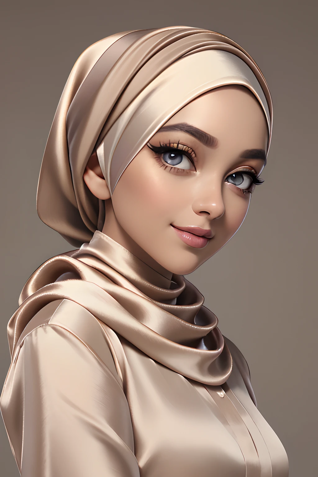 (Masterpiece, realistic, best quality, best lighting, 1 girl photo solo, beautifully makeup, eyeshadow, Parted Lips, Detailed Eyes, beautiful big eyes, long eye lashes, smile, wearing ((Taupe satin headscarf)), loosely tide hijab style, ((Taupe satin shirt)), satin long pants, sleeping