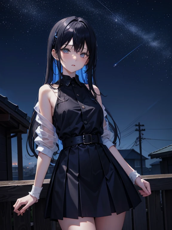 Blue darkness， （tmasterpiece，best qualtiy：1.4）， Blue Themes， 城市， eventide， 1girll，long whitr hair， Sateen， cowboy lens，starrysky，nigh sky，Dark skies，