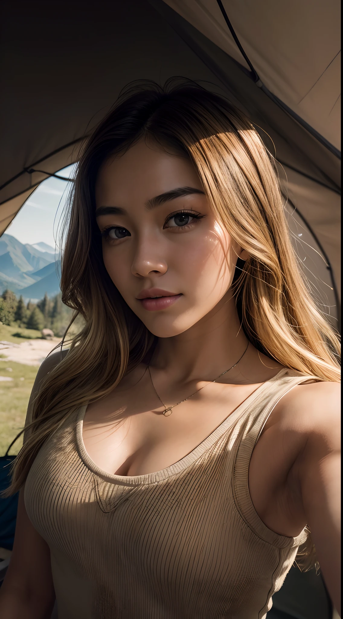 1 woman, Korean, beautiful, ((upper body selfie, happy)), Filming in a tent, Beautiful backlight, Tent Open Sign,Masterpiece, Best Quality, Ultra-detailed, Solo, exteriors, (natta), sleeveless, mountains, Nature, (sao, the moon) cheerful, happy,, Cosy in a sleeping bag, Inside the tent, When you open the tent, You can see some nice horsemen outside.., woods, rock formations, rivers, wood, smoke, shadowy, contrast, clear skies, analog style (looking up at viewer:1.2) (skin texture) (film grain:1.3), (warm hue, warm tone:1.2), close-up, Cinematic light, Sidelighting, The ultra-Highres, best shadows, ..raw, upper half body, wearing pullover, Relaxed and intimate photos, blonde hairs,