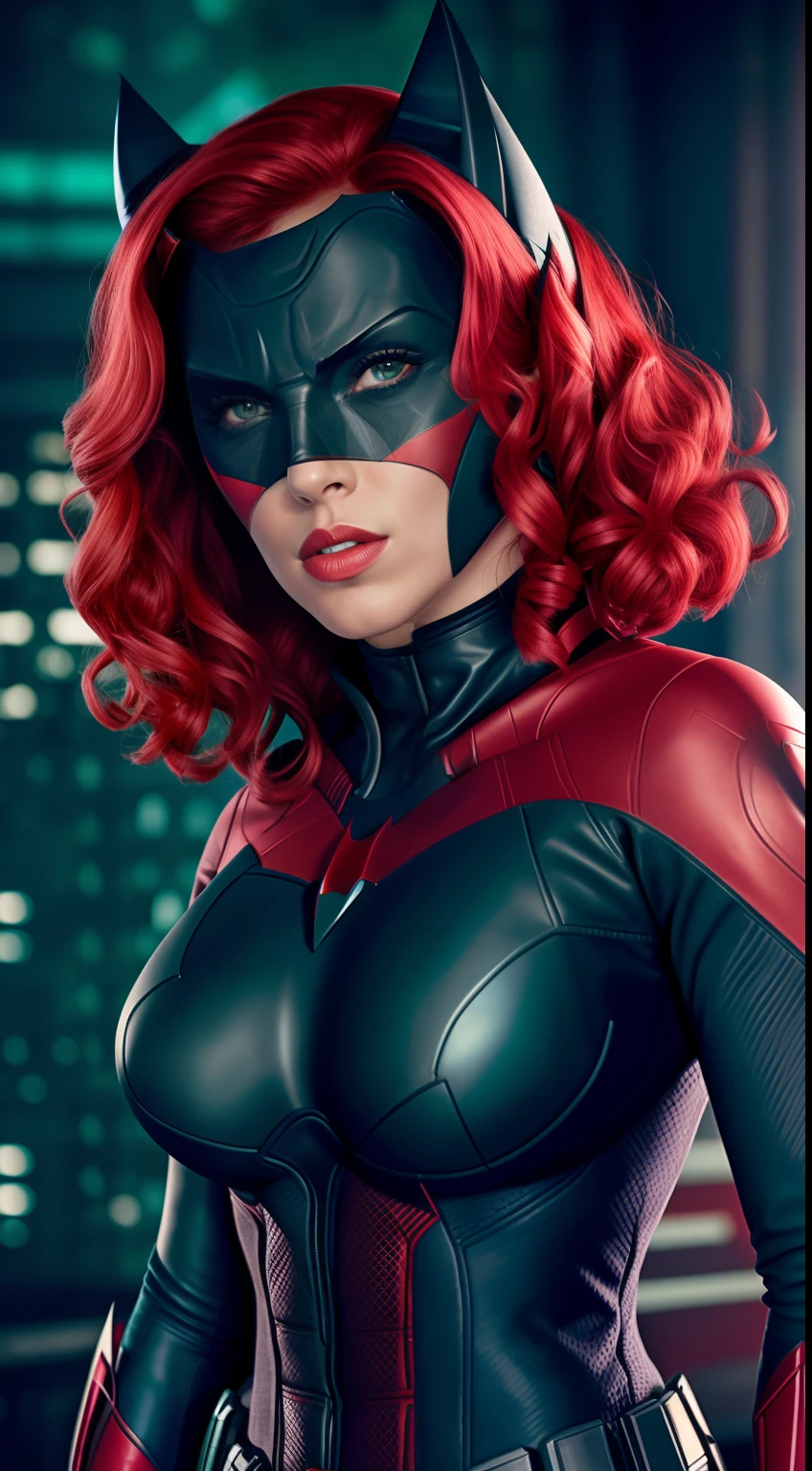scarlett, (Batwoman cosplay), highly detailed, artstation, smooth, sharp focus, 8K,(underboob)