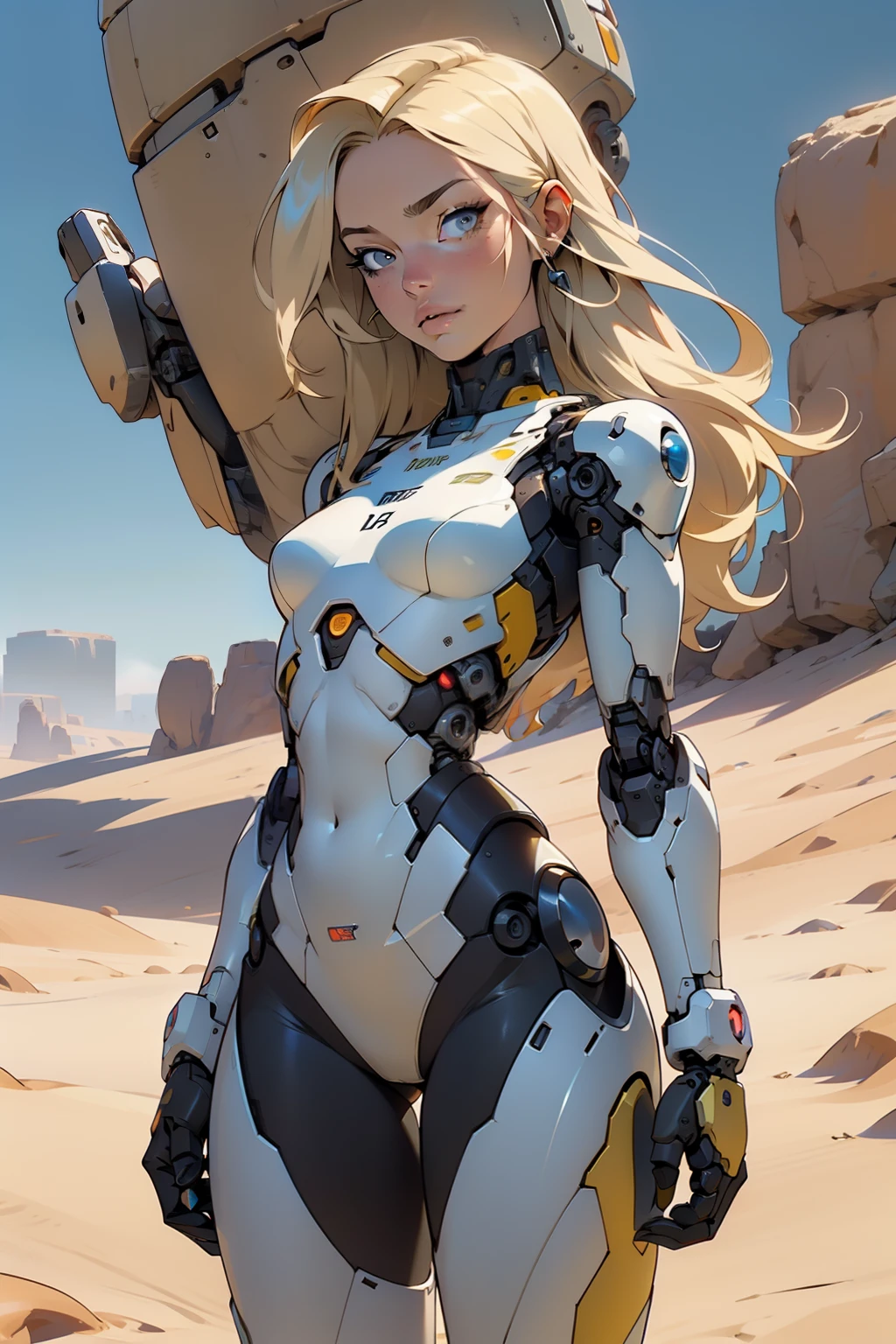 high quality, 4k, masterpiece, beautiful, cyborg girl, cowboy shot, dull eyes, looking at viewer, long blonde hair, girl, small breasts, fit thigh, robotic arms, robotic body, cyborg body, yellow accent, intricate detail, joint, detailed lines, robotic detail, holding fist up, holding hand up as fist, color robotic parts, robotic parts with color, perfect fingers, on a desert planet, sunny background, colorful desert,