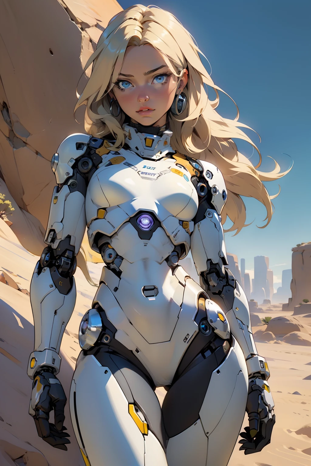 high quality, 4k, masterpiece, beautiful, cyborg girl, cowboy shot, dull eyes, looking at viewer, long blonde hair, girl, small breasts, fit thigh, robotic arms, robotic body, cyborg body, yellow accent, intricate detail, joint, detailed lines, robotic detail, holding fist up, holding hand up as fist, color robotic parts, robotic parts with color, perfect fingers, on a desert planet, sunny background, colorful desert,