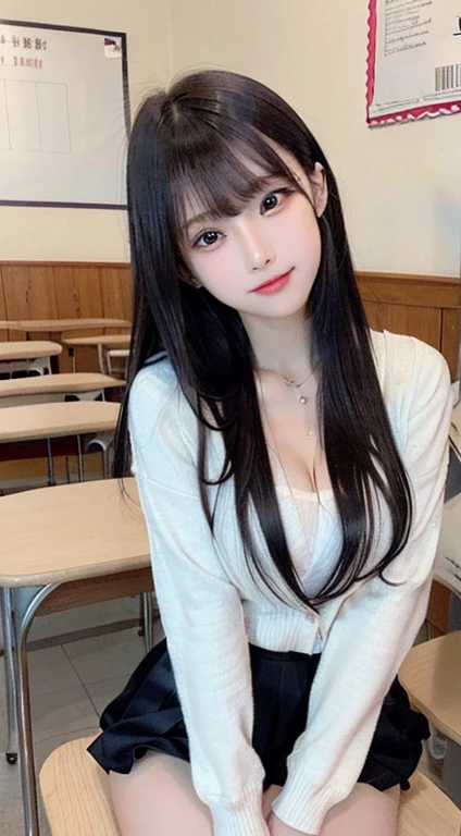 bright expression、photorealisim、top-quality、超A high resolution、a picture、Photos of the most beautiful Nordic girls、Detailed cute and beautiful face、a small face、(pureerosface_v1:0.008)、Beautiful bangs、alice in the wonderland、sixteen years old、(thighs thighs thighs thighs:1.2)、full body Esbian、Glowing white shiny skin、Hair tangled in the face、Bangs that extend to the face、bangss、Hair between the eyes、length hair、Silky hair of attractive black color、finer hair、Beautiful bright and clear light blue eyes with a charming sparkle、(school uniform, blazer:1.2)、(pleatedskirt:1.2)、eye liner、Sitting in a classroom、Double eyelids、ample breasts、Dynamic Pose
