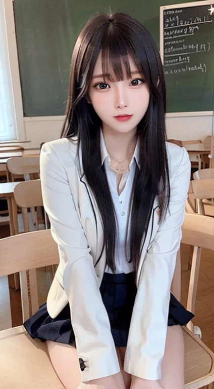 bright expression、photorealisim、top-quality、超A high resolution、a picture、Photos of the most beautiful Nordic girls、Detailed cute and beautiful face、a small face、(pureerosface_v1:0.008)、Beautiful bangs、alice in the wonderland、、(thighs thighs thighs thighs:1.2)、full body Esbian、Glowing white shiny skin、Hair tangled in the face、Bangs that extend to the face、bangss、Hair between the eyes、length hair、Silky hair of attractive black color、finer hair、Beautiful bright and clear light blue eyes with a charming sparkle、(school uniform, blazer:1.2)、(pleatedskirt:1.2)、eye liner、Sitting in a classroom、Double eyelids、ample breasts、Dynamic Pose
