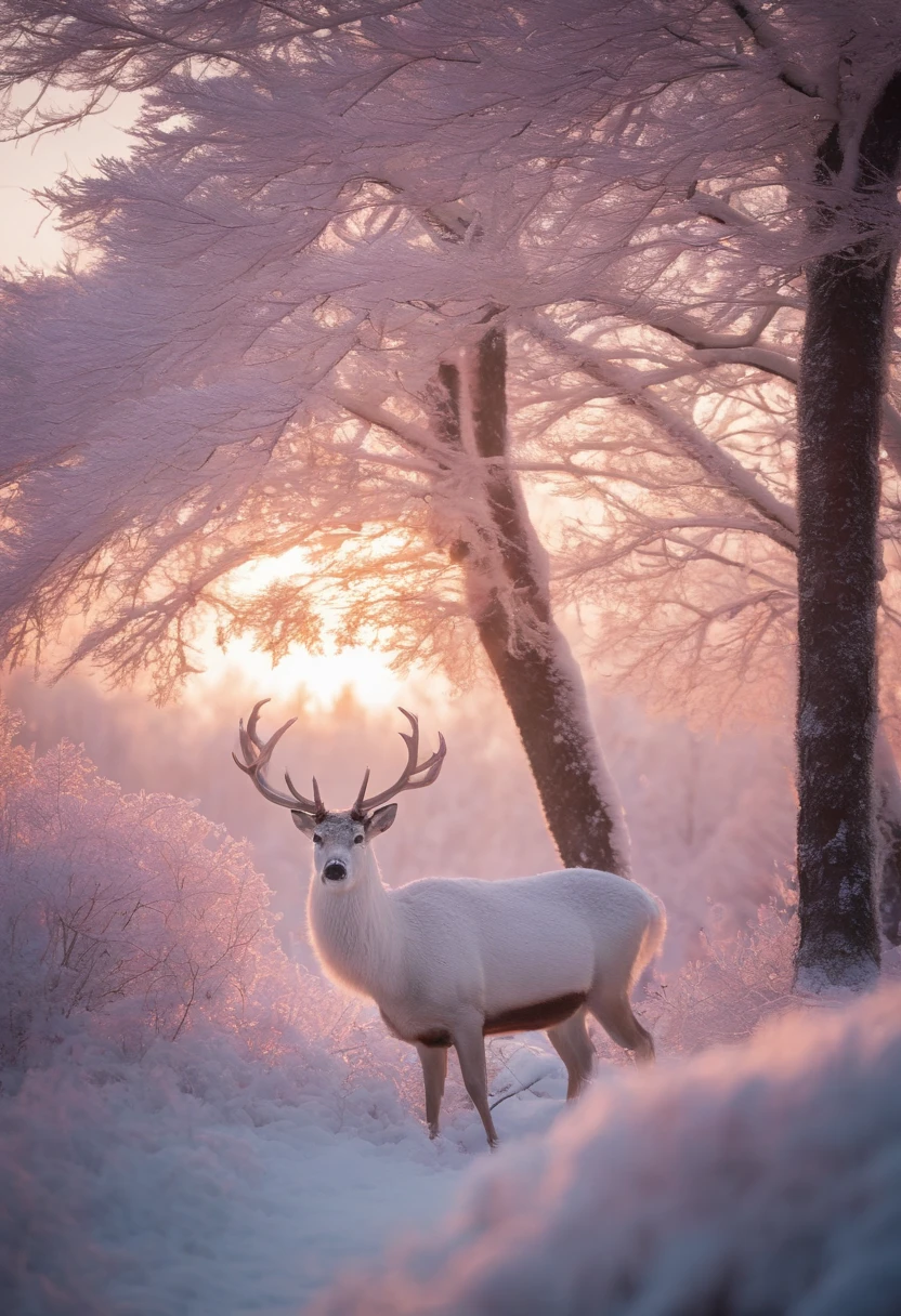 Beautiful natural landscape of rime in winter，The fluffy deciduous trees are covered with lilac and pink hoarfrost and snow caps at sunset，Capreolus pygargus，A white deer appears in the shot