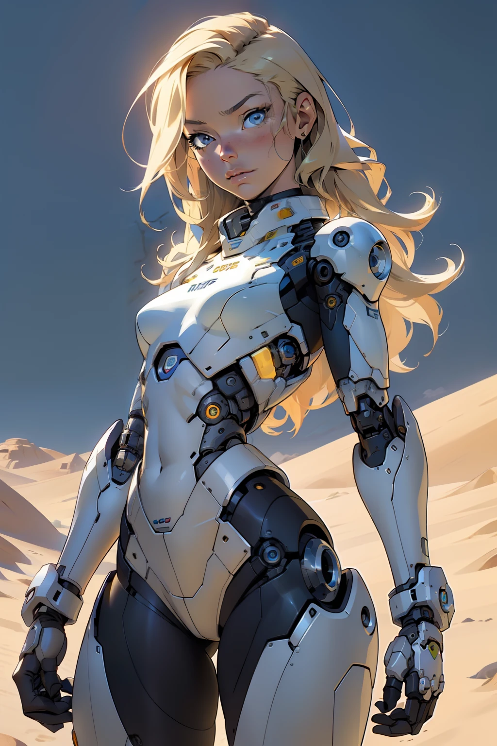 high quality, 4k, masterpiece, beautiful, cyborg girl, cowboy shot, dull eyes, looking at viewer, long blonde hair, girl, small breasts, fit thigh, robotic arms, robotic body, cyborg body, yellow accent, intricate detail, joint, detailed lines, robotic detail, holding fist up, holding hand up as fist, color robotic parts, robotic parts with color, perfect fingers, on a desert planet, sunny background, colorful desert,