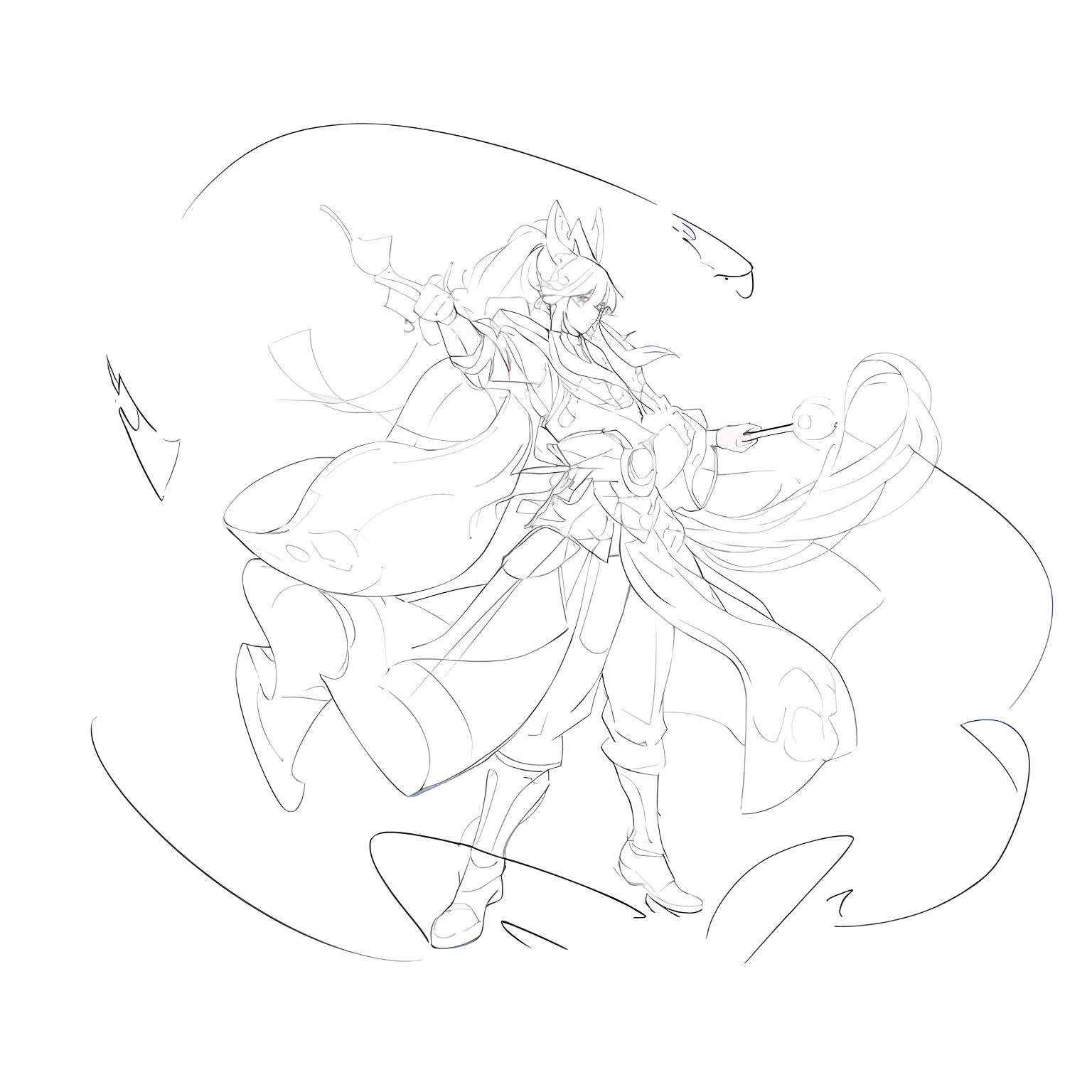 a drawing,The painting depicts a man in a long skirt holding an egg beater, clean lineart, clean anime outlines, bold lineart, perfect lineart, intense line art, Simple lines of art, thick lineart, linear art, Outline sketch, Line sketch, lineart behance hd, heavy lineart, thick line art, outlined art, variable lineart, Ink outline,long whitr hair,pony tails
