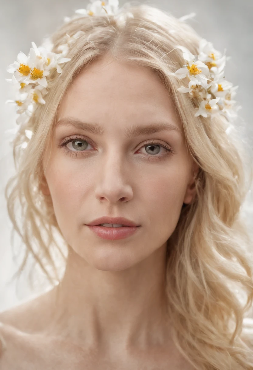 Caucasian woman in illustration，Flowers dripping on the face,Upper body,Blonde hair, Collage-based style, Made of insects, William Wegman, Skin color discrimination, White background, Pencil art illustration, National Geographic photo,full bodyesbian