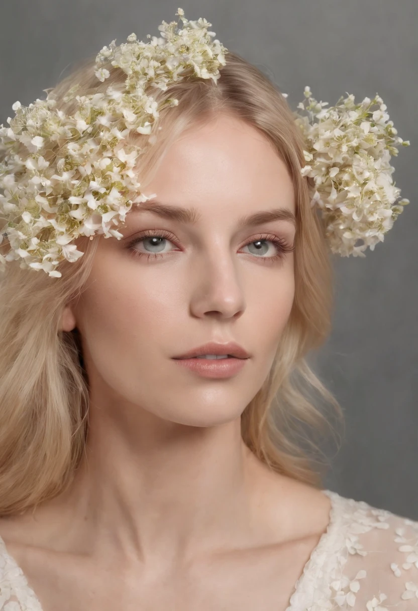 Caucasian woman in illustration,Flowers dripping on the face,Upper body,Blonde hair, Collage-based style, Made of insects, William Wegman, Skin color discrimination, White background, Pencil art illustration, National Geographic photo,full bodyesbian