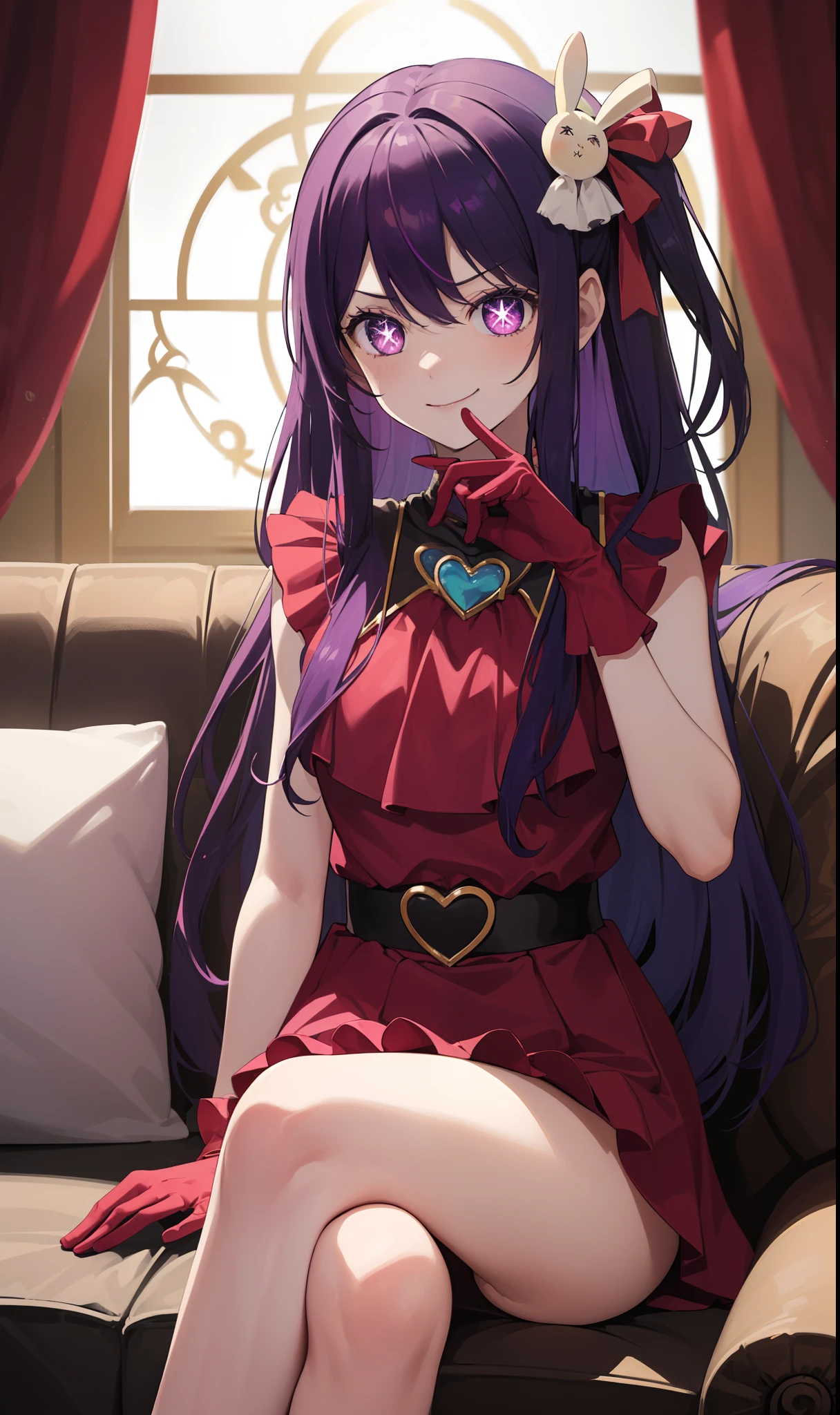 (masterpiece, best quality:1.2), high res, 8k, ai hoshino, hair between eyes, hair ornament, hair ribbon, long hair, one side up, (purple eyes:1.1), purple hair, rabbit hair ornament, star-shaped pupils, symbol-shaped pupils, six-pointed star-shaped pupils, belt, black belt, brooch, dress, pink dress, frilled dress, frilled gloves, frills, gloves, heart brooch, idol, idol clothes, jewelry, pink gloves, red ribbon, ribbon, turtleneck dress, sitting on the couch, 1girl, crossed legs, panty showing, smirk