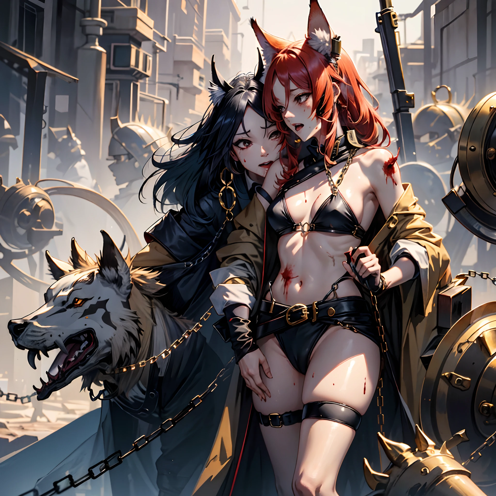 Female red head kitsune, ears, tail,slave, lewd ,, naked,  chains, blood, pain, ,sex  Master,male dsrk hair sex,brute,pain,dominant