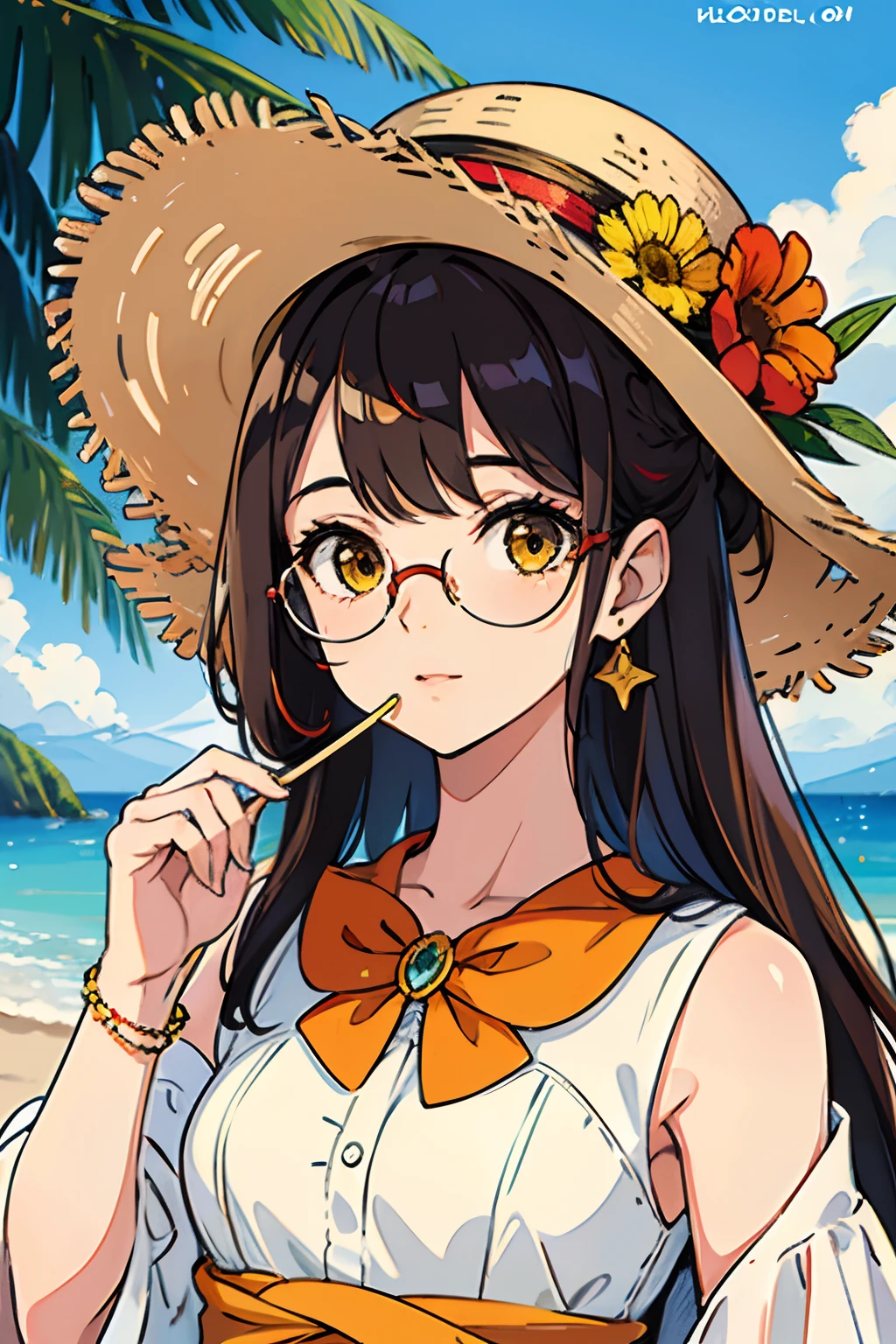 absurdres, highres, ultra detailed, 1girl, solo, extremely detailed eyes, starfish, seashell, shell, flower, hat, hair ornament, jewelry, straw hat, looking at viewer, sunglasses, hat flower, drinking straw, hairclip, earrings, red flower, tinted eyewear, yellow flower, bangs, english text, multicolored hair, orange flower, black hair, ring, cup, long hair, orange-tinted eyewear, food, brown hair, portrait, shell hair ornament