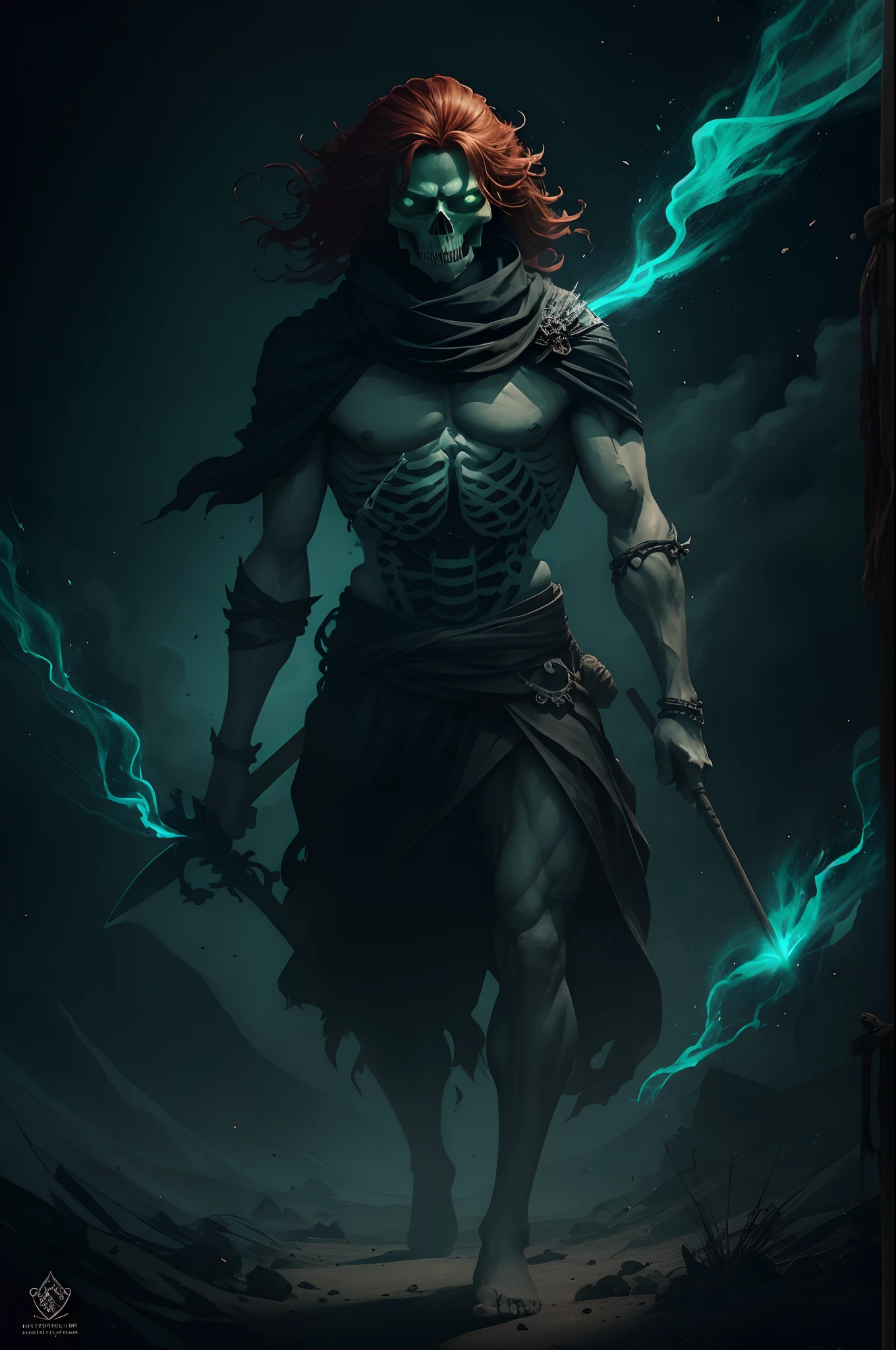 Green or not, black or not, with an unlucky face, neither tall nor short, with bare feet and muscular body, eyes flashing like twin lights under a stove, with a forked mouth corner like a butcher's fire bowl, sharp teeth like a sword blade, messy red hair, roaring like thunder, running like a gust of wind on two feet, with a skeleton hanging under the neck and a majestic staff in hand. Sandy's character is one of hard work, endurance, honesty and simplicity that is typical of human nature, --auto --s2