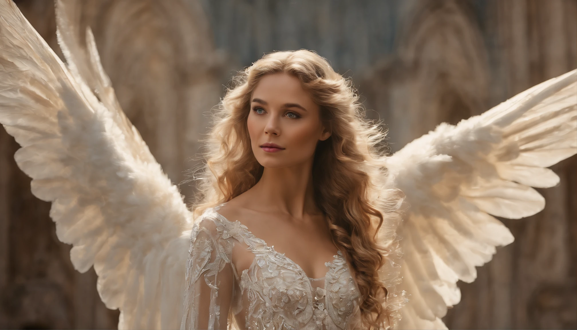 A beautiful female angel, beautiful, with long blonde hair, wearing a white and gold lace dress with red boots, with spread luminous wings, floats against the sky. Wings spread wide, The wings are huge, with gorgeously detailed white feathers. Executed in a highly detailed art style with cinematic lighting and high contrast.A female angel on the background of a blue sky. She has a tall and slender physique, angel with thick and luxurious hair, which can be from snow-white to golden. The angel's facial features are ideal and perfect: delicate, with soft lines, expressing divine wisdom and unrivaled beauty. The eyes, large and clear, shimmer with light and reflect infinite kindness and compassion. The angel is dressed in a long transparent dress of fine fabrics that seem to be permeated with light. The dress, decorated with gold and silver embroidery, easily attracts the eye with its grace and beauty. The angel has large wings adorned with white feathers shimmering in the light with beau