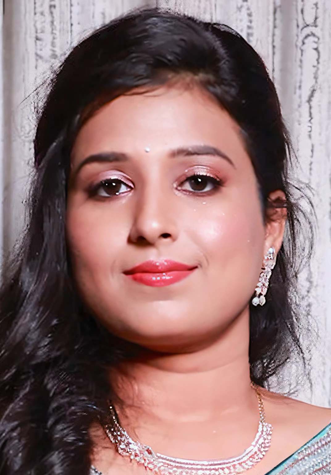 a close up of a woman wearing a necklace and a dress, photo taken with nikon d 7 5 0, photo taken with nikon d750, with professional makeup, profile image, inspired by T. K. Padmini, faridah malik, portrait image, portait image, dayanita singh, profile picture, headshot profile picture, profile pic