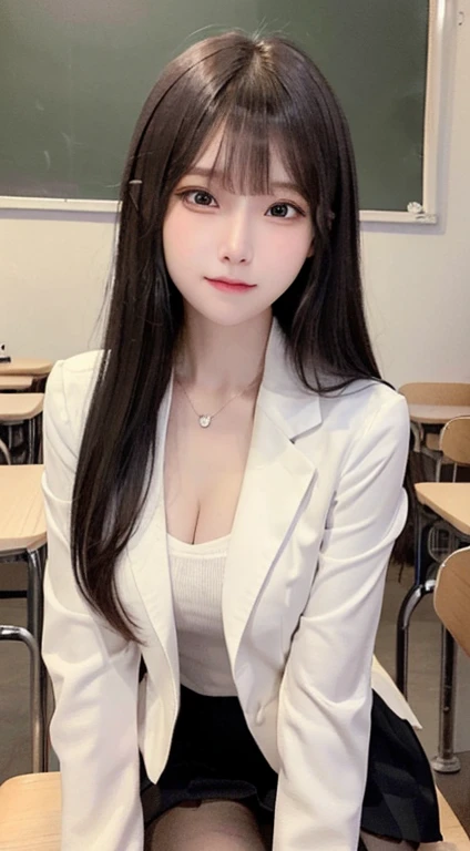 bright expression、photorealisim、top-quality、超A high resolution、a picture、Photos of the most beautiful Nordic girls、Detailed cute and beautiful face、a small face、(pureerosface_v1:0.008)、Beautiful bangs、alice in the wonderland、、(thighs thighs thighs thighs:1.2)、full body Esbian、Glowing white shiny skin、hime_cut、Hair tangled in the face、Bangs that extend to the face、bangss、Hair between the eyes、length hair、Silky hair of attractive black color、finer hair、Bright, clear light blue eyes radiate a charming glow、(School uniform, Blazer:1.2)、(pleatedskirt:1.2)、eye liner、Sitting in a classroom、Double eyelids、ample breasts、Dynamic Pose