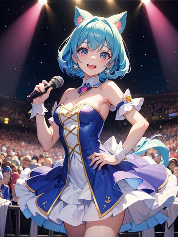 Group of 5 magical girls (Mahou Girl Group)、 Colorful witch, perfect hand, face perfect, Nice dress, Super colorful and vibrant hair, Beautiful Face Perfect Face, beautiful hairl, expressive eyes, Beautiful mouth, Beautiful hands, Detailed hand、The best stage、climax、Professional stage、(((Stand Microphone、Overflowing emotions、The best smile)))、singer、vocalist:1、idol、songstress、Professional stage、profetional lighting、Live Lighting、Distract your gaze、Fan Service:1、(((Satellite view from the audience)))、(((White costume、blue outfit)))