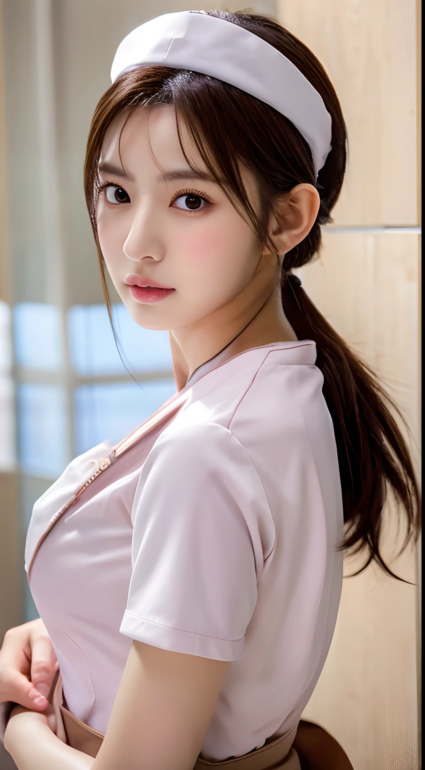 Bokeh, masterpiece, RAW Photos, Beautiful school girl, Light brown long hair, Beautiful light brown eyes, Blushed, (Japanese Idols:1.5), Small breasts, (Office Lady Costume, :1.3) , Looking at the audience, Cowboy Shot, Sandown City,