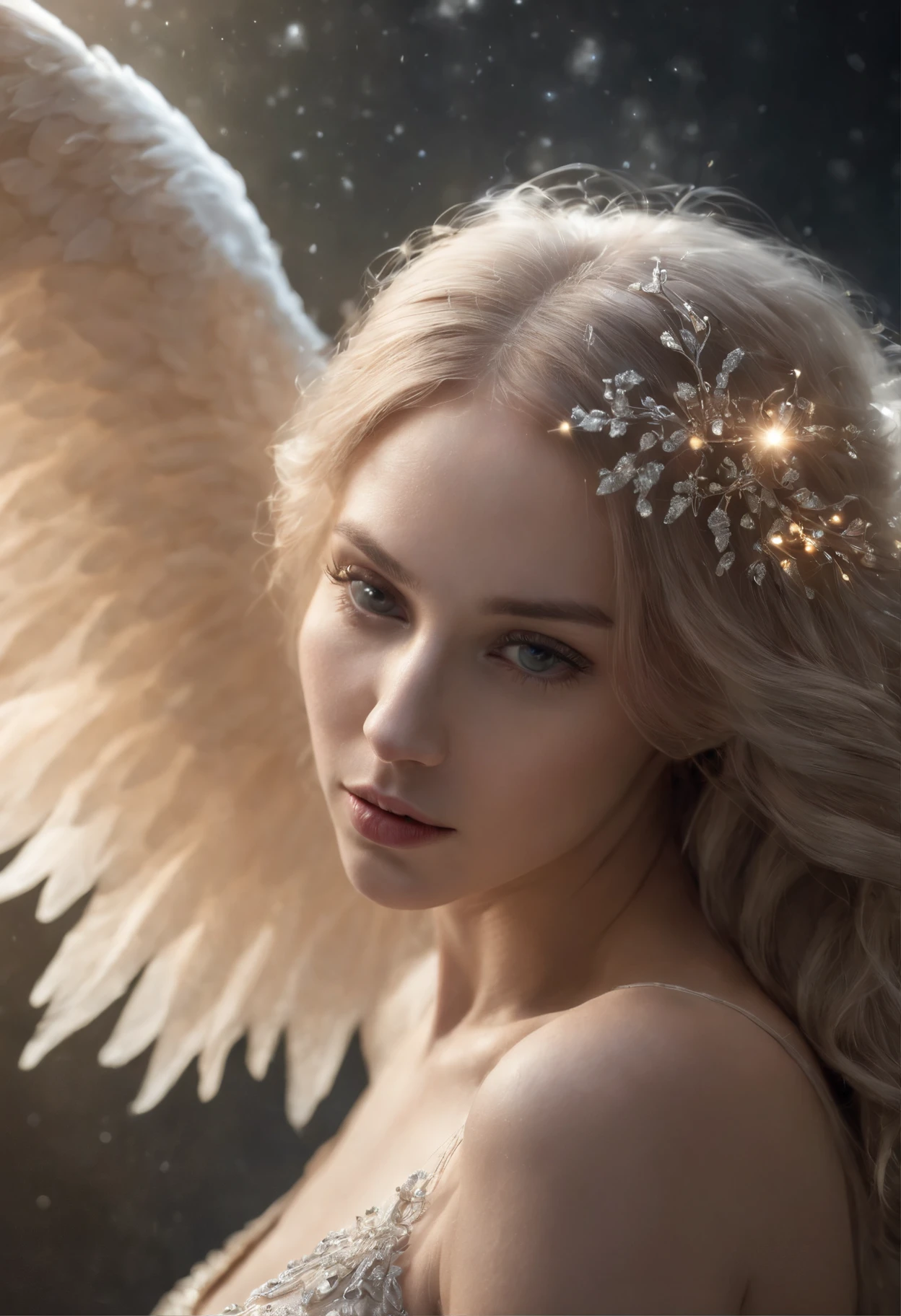 cosmic fallen angel, olhos claros brilhantes, Biomechanicals, estranho, assustador, Pesadelo, cores muito brilhantes, light particles, com luz brilhante, Mshiff, Arte do papel de parede, Papel de parede UHD