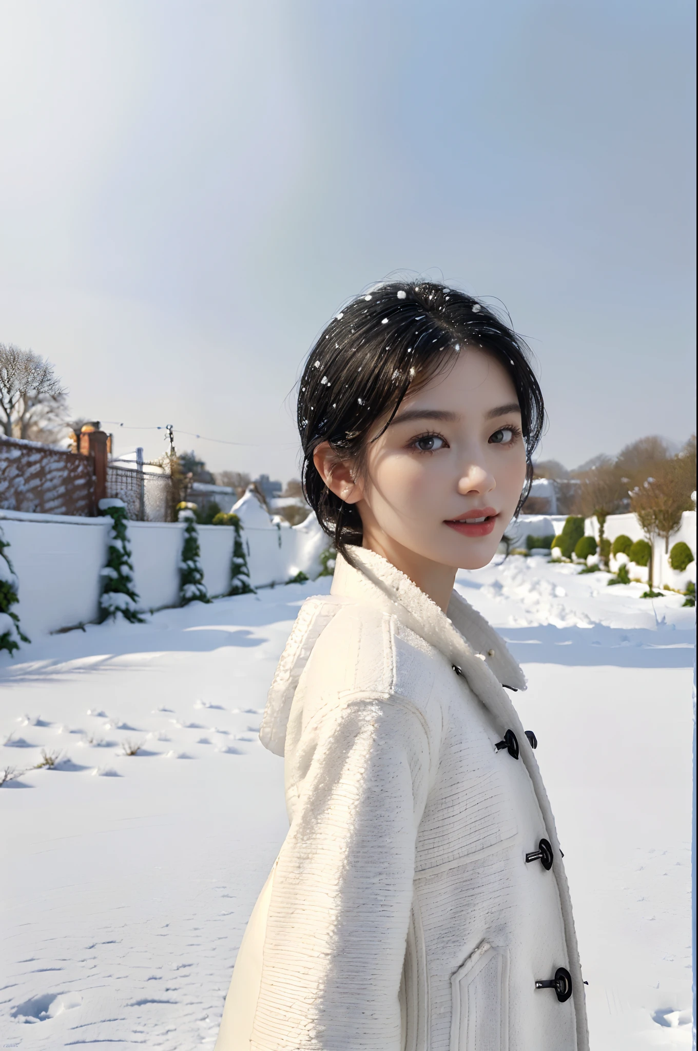 (((8k))),(Extremely meticulous CG) ,(wallpaper),16k,(Extremely refined and beautiful），（Masterpiece:2.0），（best qualtiy:2.0），（Ultra High Resolution:2.0），beautiful light up，Perfect lightning，realistic shaded，[A high resolution],(Smooth and flawless fair skin:1.5),Extremely exquisite facial details,(perfect body：1.1),ultra - detailed,A beautiful girl,small head,(shoulder length straight short black hair:1.0),(Small breasts:1.1),Flat chests，slim，thin，Smile，cheerfulness,(white woolen coat:1.5),(standing in a garden covered in snow:1.5),(close-up of face:1.3),from front,winter,day scene,cloudy,(portrait of upper body:1.5)