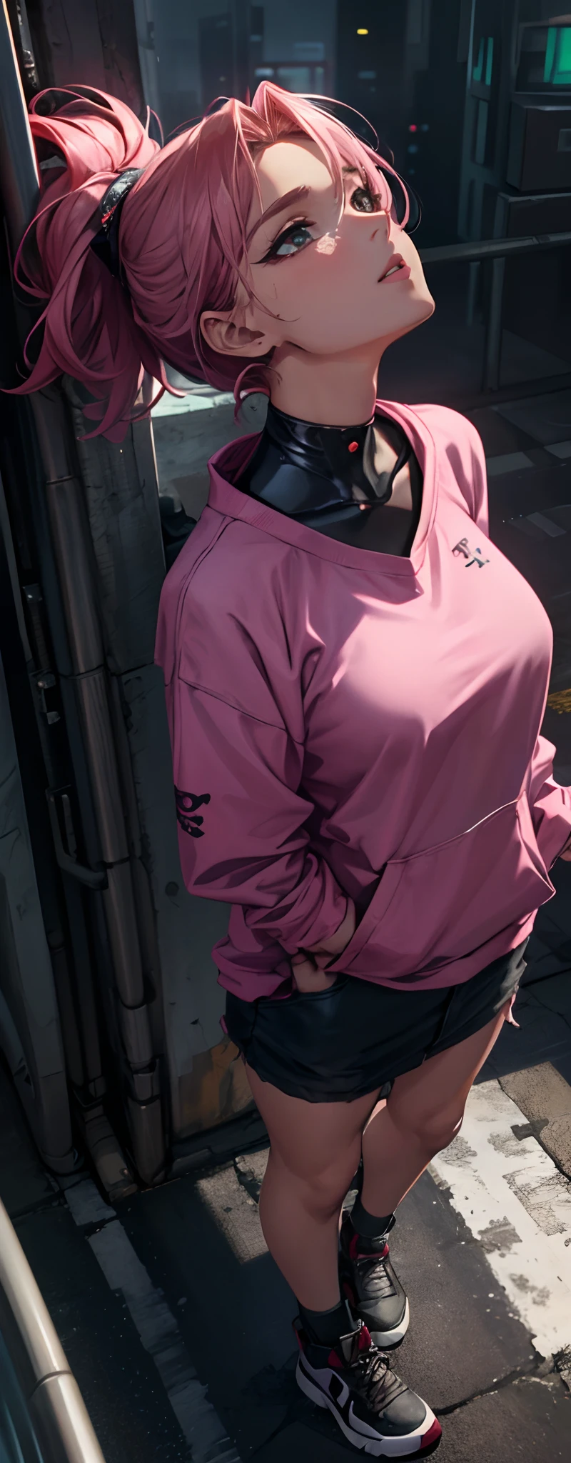 High-angle image of a gorgeous young woman in the style of cyberpunk, realistic skin texture, looking up,Pink sweatshirt,Pretend on a car, 1 / 2 Body yield, 8×5mm technical lens, and 1. 2, sharp focus, 8K High Definition, insanely detailed, complex, stylish, The art of Stanley Lau and cyberpunk