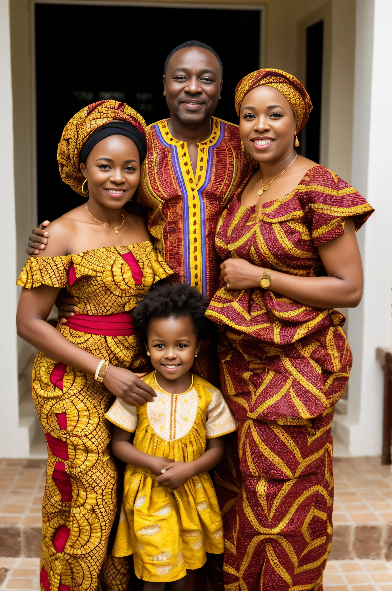 African family in celebration, 6 pessoas, pele escura, Roupa africana, African dress with African texture and pattern, tecido africano, turbante, looking at a camera and smiling, rosto bonito, plano americano, pele natural, 8k UHD, alta qualidade, filmic grain, Fujifilm XT3