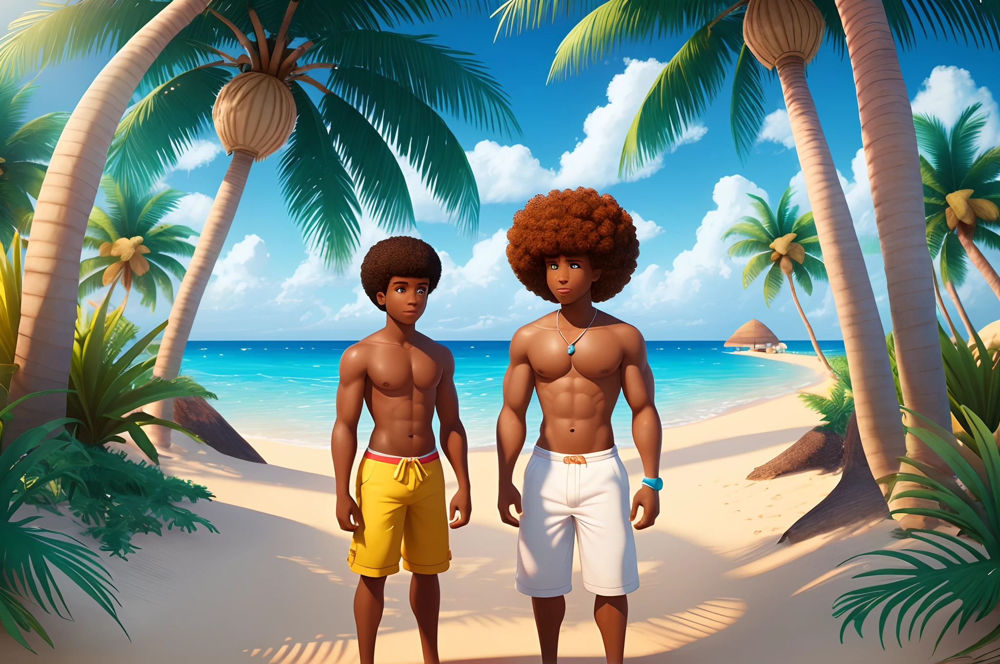 two beautiful young men, one with white skin and the other with afro skin, on a beach, with palm trees, thank you, somewhat magical background, cute, Disney Pixar 3D style, with large --auto --s2