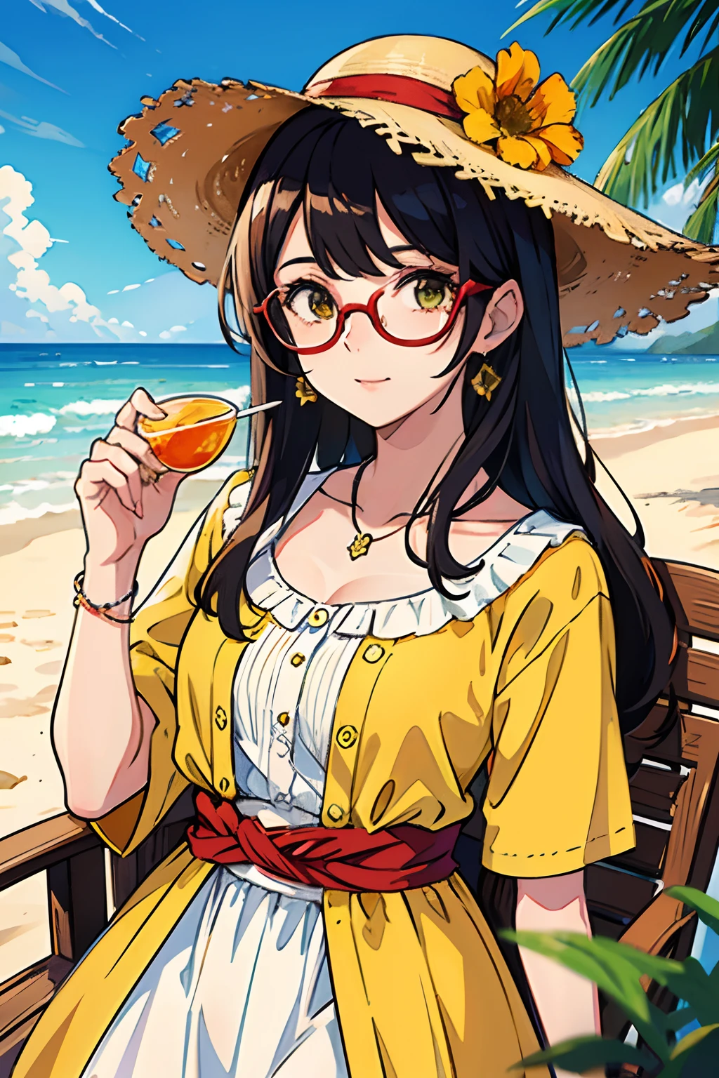 absurdres, highres, ultra detailed, 1girl, solo, extremely detailed eyes, starfish, seashell, shell, flower, hat, hair ornament, jewelry, straw hat, looking at viewer, sunglasses, hat flower, drinking straw, hairclip, earrings, red flower, tinted eyewear, yellow flower, bangs, english text, multicolored hair, orange flower, black hair, ring, cup, long hair, orange-tinted eyewear, food, brown hair, portrait, shell hair ornament