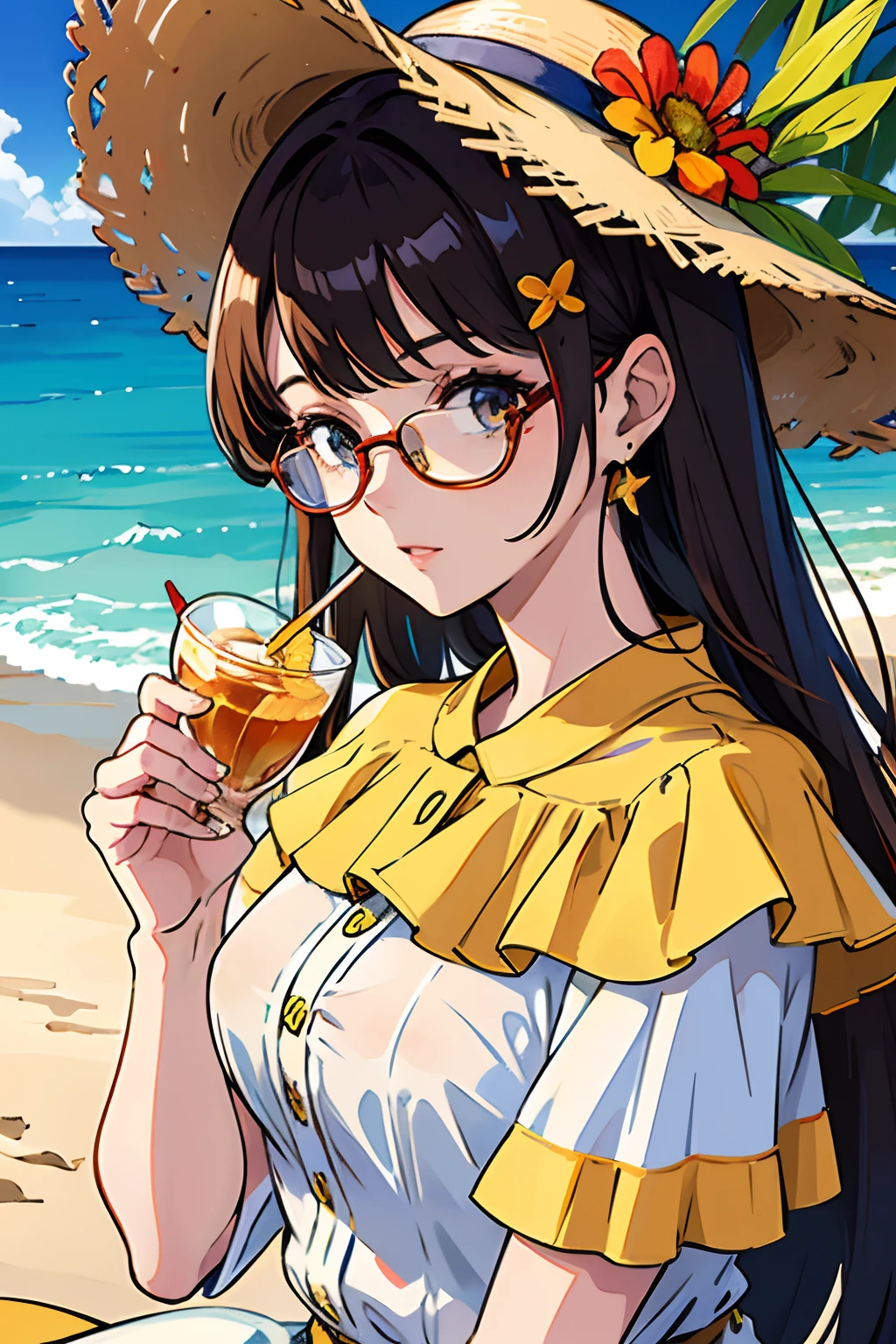 1girl, solo, black hair, wavy hair, outdoors, upper body, closed mouth, brown eyes, bikini, beach hat, sunglasses, summer fashion, happy expression, soda can, food, window. beach