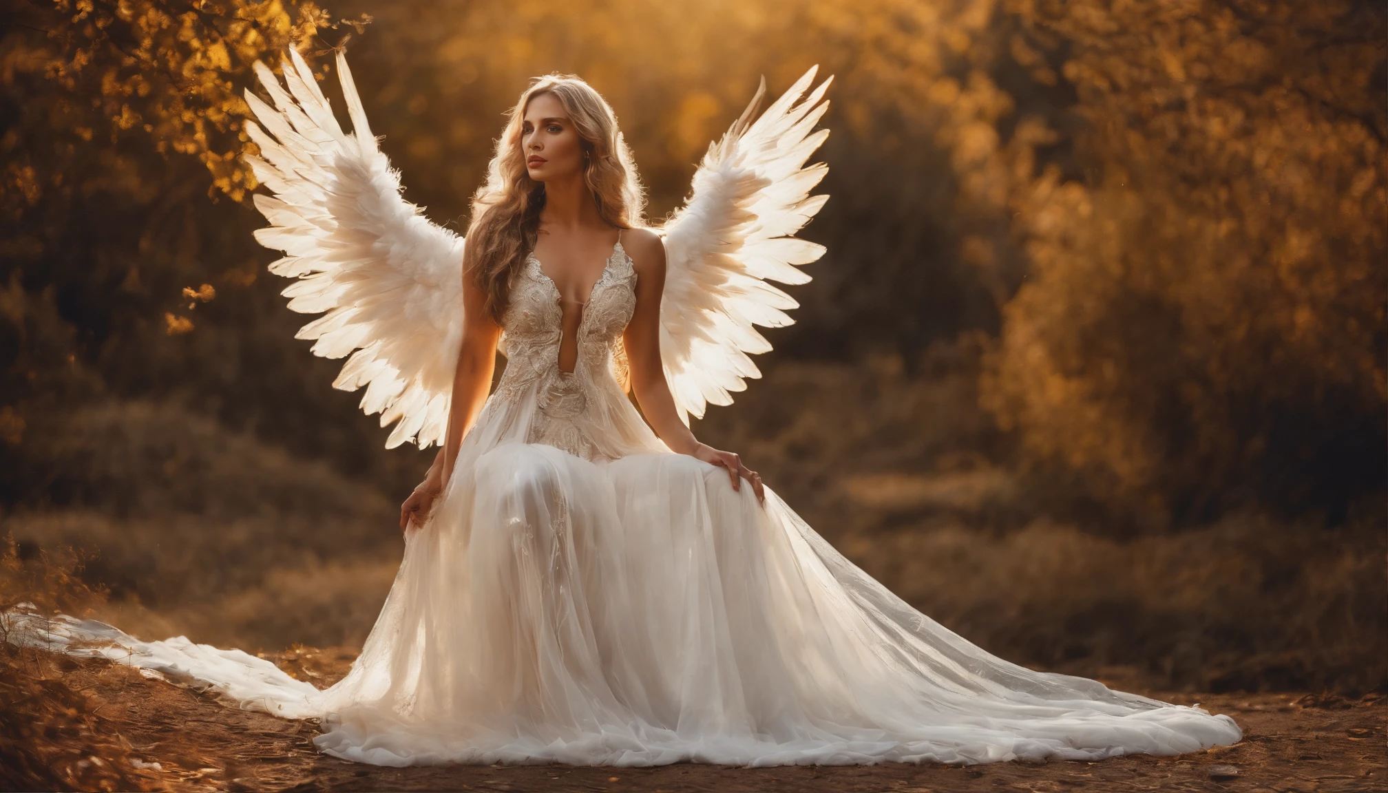 A beautiful female angel, beautiful, with long blonde hair, wearing a white and gold lace dress with red boots, with spread luminous wings, floats against the sky. Wings spread wide, The wings are huge, with gorgeously detailed white feathers. Executed in a highly detailed art style with cinematic lighting and high contrast.A female angel on the background of a blue sky. She has a tall and slender physique, angel with thick and luxurious hair, which can be from snow-white to golden. The angel's facial features are ideal and perfect: delicate, with soft lines, expressing divine wisdom and unrivaled beauty. The eyes, large and clear, shimmer with light and reflect infinite kindness and compassion. The angel is dressed in a long transparent dress of fine fabrics that seem to be permeated with light. The dress, decorated with gold and silver embroidery, easily attracts the eye with its grace and beauty. The angel has large wings adorned with white feathers shimmering in the light with beau