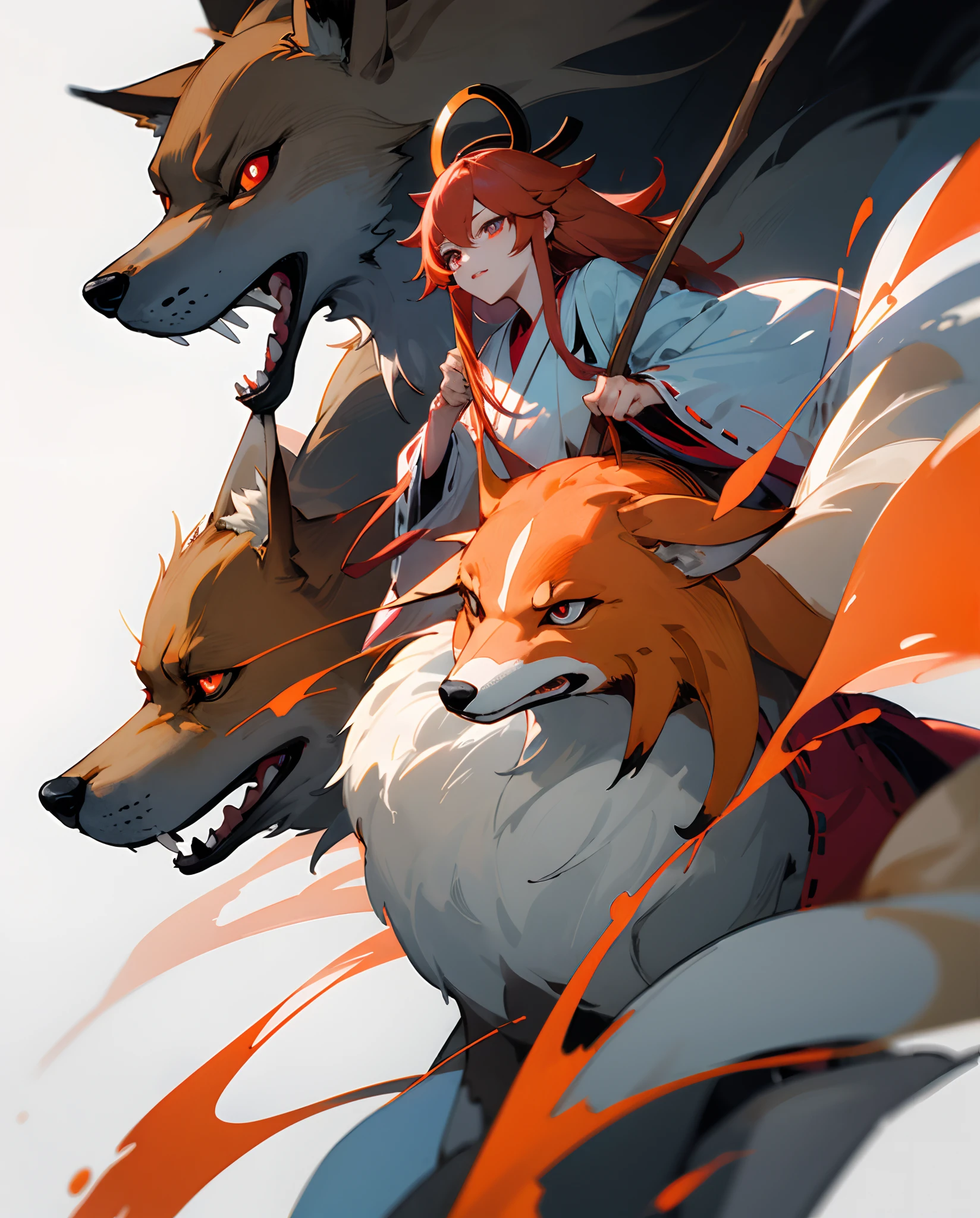 + long fiery red hair, dressed as a light blue Miko, with crimson eyes with dark circles, accompanied by a fox, carrying a bow. comics style. high quality. high resolution. Eiichiro Oda art. single person