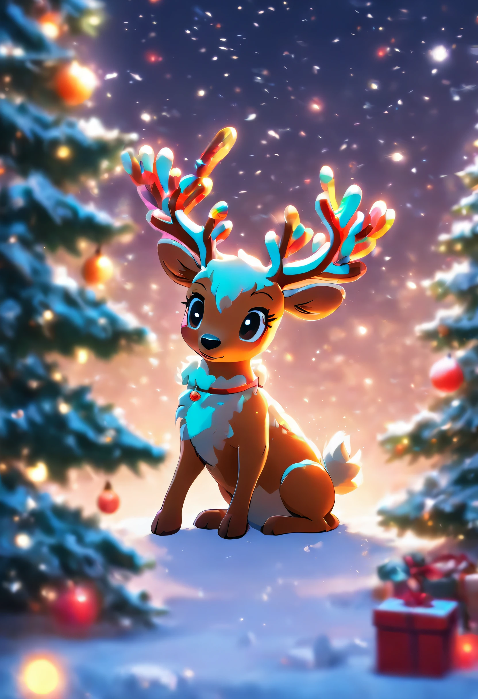 (CG unit 8K high detail wallpaper) (top-quality) (better lighting) (Extremely Delicately Beautiful) (Floating) (Beautiful) ,wallpaper hd, Cute Christmas Reindeer next to a Christmas tree, line art,niji style,simple details, in style of Keith Haring, bold line and solid color, minimalist, high detal