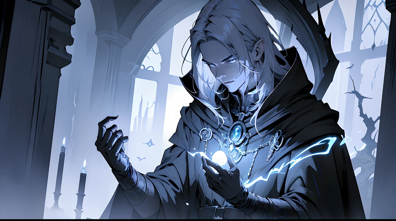 (Ultra detailed), (masterpiece), (best quality), (very detailed CG unit 8k wallpaper), a shadowy necromancer in his lair, (male), morbid appearance, black cloak, ELDEN RING, ((visible magical aura)), (((upper body))), dim light, soft light, concept art, dimly lit, forbidden magic accessories, cinematic, highly detailed, stylized wallpaper