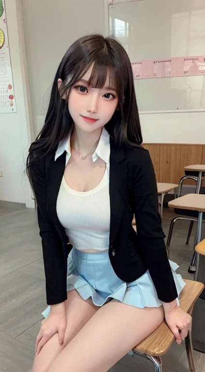 bright expression、photorealisim、top-quality、超A high resolution、a picture、Photos of the most beautiful Nordic girls、Detailed cute and beautiful face、a small face、(pureerosface_v1:0.008)、Beautiful bangs、alice in the wonderland、、(thighs thighs thighs thighs:1.2)、full body Esbian、Glowing white shiny skin、hime_cut、Hair tangled in the face、Bangs that extend to the face、bangss、Hair between the eyes、length hair、Silky hair of attractive black color、finer hair、Bright, Her clear light blue eyes shine charmingly、(School uniform, Blazer:1.2)、(pleatedskirt:1.2)、eye liner、Sitting in a classroom、Double eyelids、medium breasts、Dynamic Pose