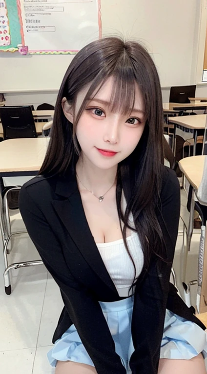 bright expression、photorealisim、top-quality、超A high resolution、a picture、Photos of the most beautiful Nordic girls、Detailed cute and beautiful face、a small face、(pureerosface_v1:0.008)、Beautiful bangs、alice in the wonderland、sixteen years old、(thighs thighs thighs thighs:1.2)、full body Esbian、Glowing white shiny skin、hime_cut、Hair tangled in the face、Bangs that extend to the face、bangss、Hair between the eyes、length hair、Silky hair of attractive black color、finer hair、Bright, Her clear light blue eyes shine charmingly、(School uniform, Blazer:1.2)、(pleatedskirt:1.2)、eye liner、Sitting in a classroom、Double eyelids、medium breasts、Dynamic Pose