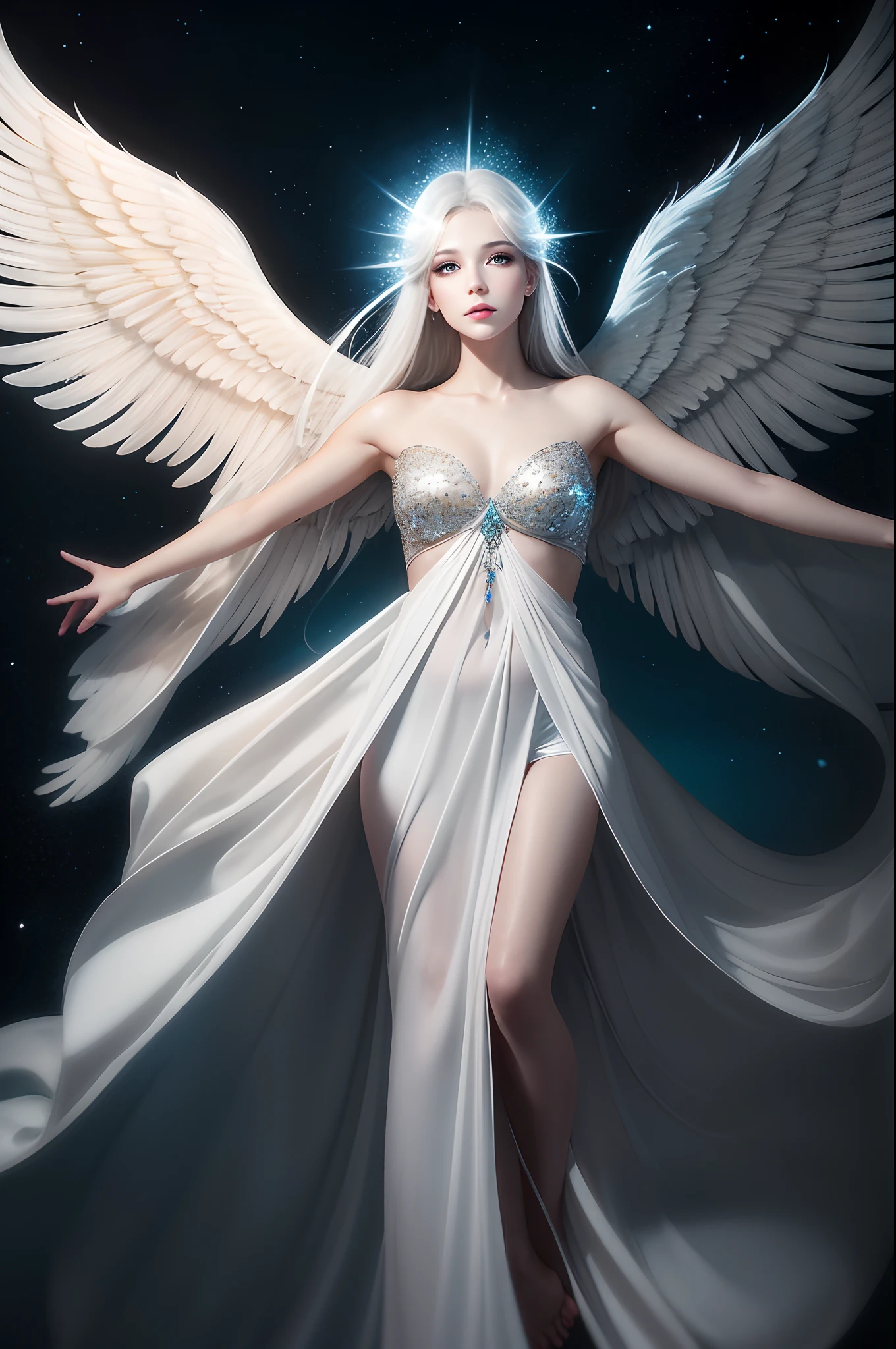 An angel is depicted with a pale and luminous complexion, their skin seemingly glowing with an otherworldly radiance. They are adorned with a pair of sparkling and graceful wings, symbolizing their divine nature. The scene is ethereal and enchanting, capturing the beauty and mystery of these celestial beings. angel, pale, perfect body, dressed white silk cover, focus on face beauty , whole body, luminous, complexion, glowing, otherworldly, radiance, sparkling, graceful, wings, divine, ethereal, enchanting, beauty, mystery.upper body, close shot, focous on the face details