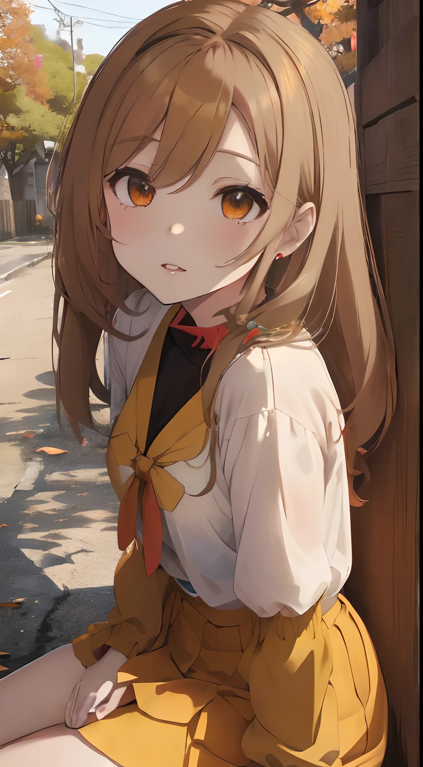 Residential area,Street trees with autumn leaves,Orange sky at sunset,fluffy hair,Light brown hair with green inner color,the eyes are orange,Sexy outfits,White skirt&Coordinate with a see-through top,Light blue, yellow, black and green,Long sleeves with a sense of transparency,Clothes with misaligned shoulders,Hair Band,I sat down on the spot.、Turned,Multiple cats are rubbing against my paws,SEX,AHE Face,The back is visible,squinted、Give them a happy face,Turn your face away and look up at the sky,Sexy lips,It has a lustful look,Sleepy face,heart mark,red tide,