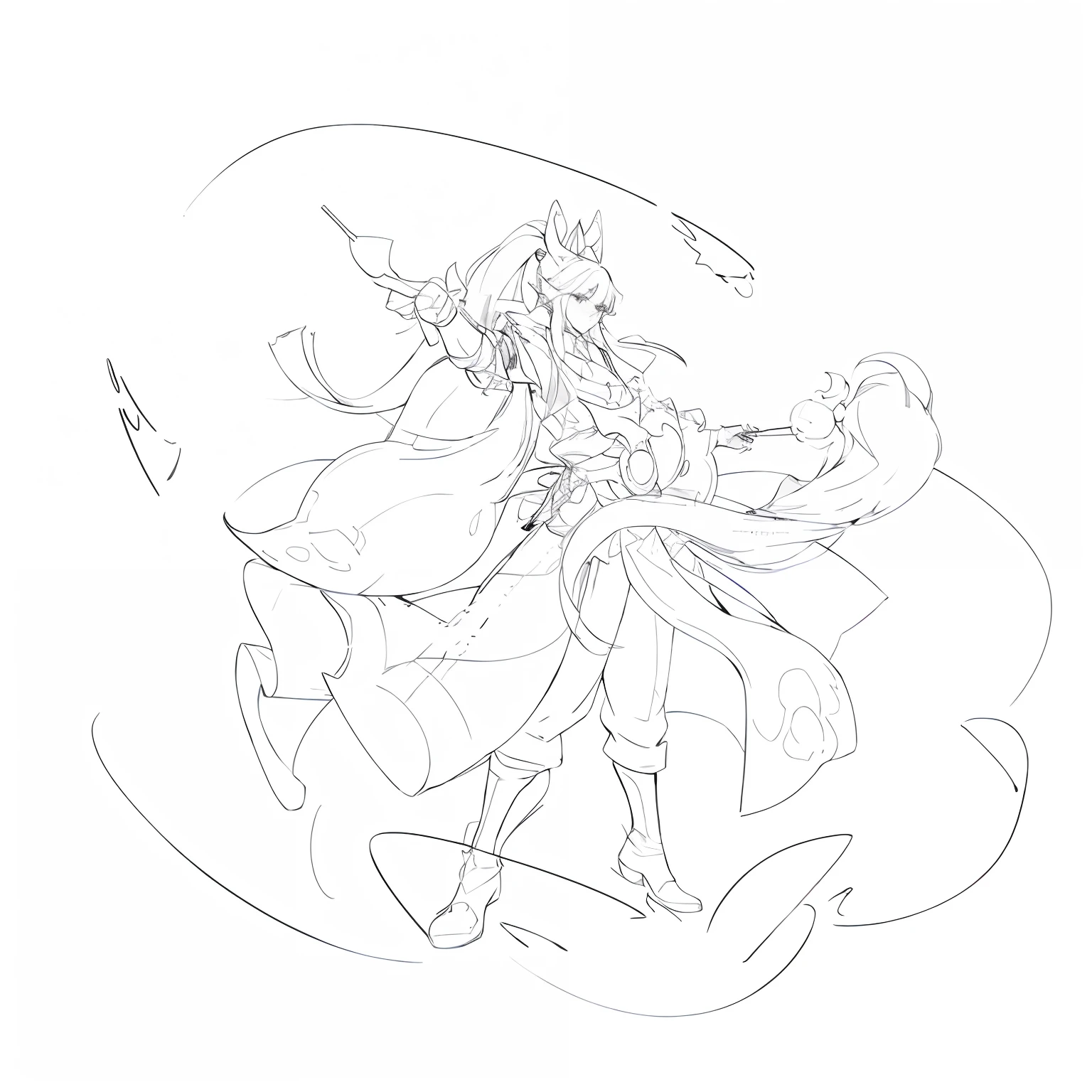 a drawing，The painting depicts a man in a long skirt holding an egg beater, clean lineart, clean anime outlines, bold lineart, perfect lineart, intense line art, Simple lines of art, thick lineart, linear art, Outline sketch, Line sketch, lineart behance hd, heavy lineart, thick line art, outlined art, variable lineart, Ink outline，long whitr hair，pony tails，clean lineart，The outer contour is bold，Gorgeous boots