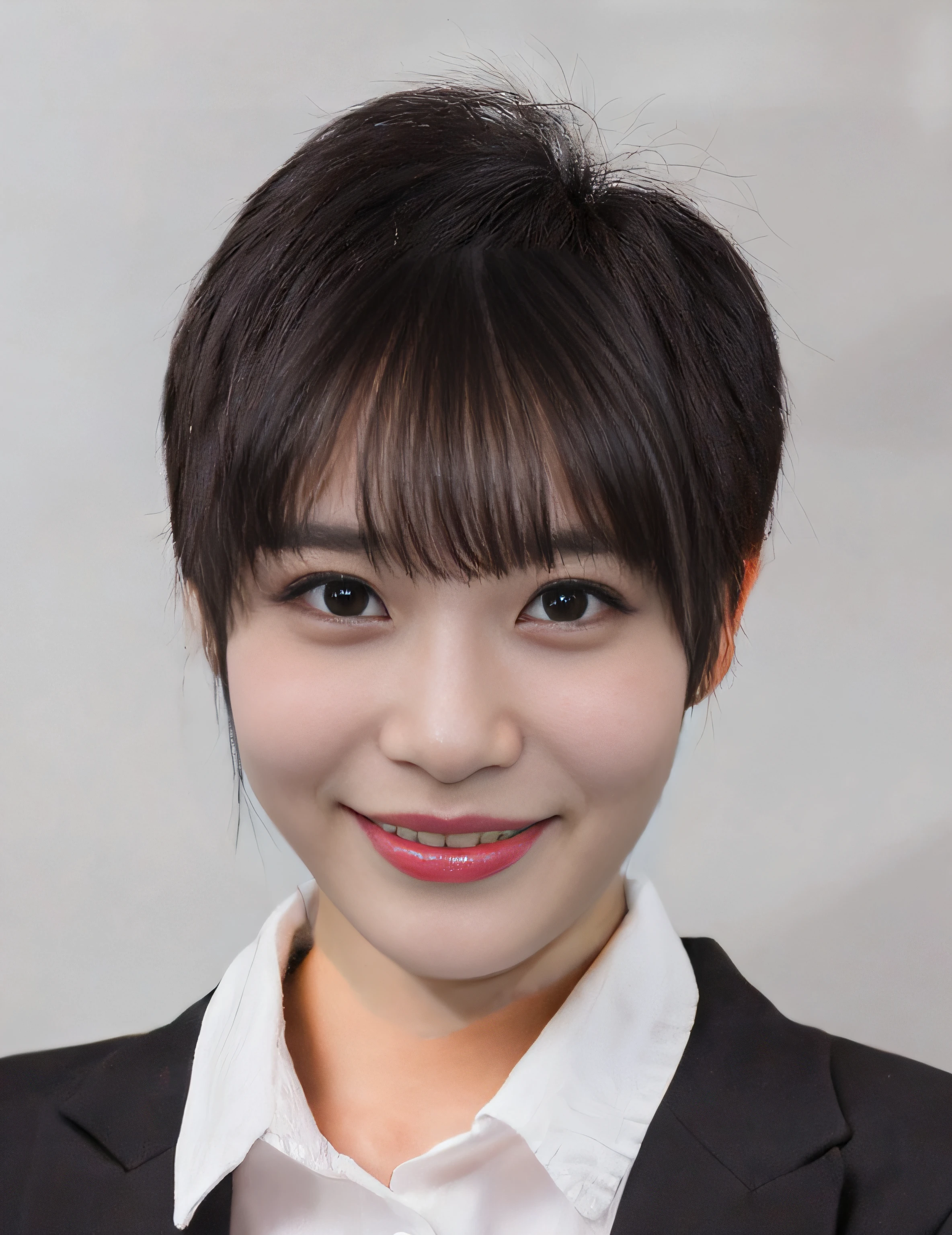 Grin、With bangs、narrowing between the left and right eyes,、The color of the eyeballs is black、Eyes, nose and mouth in the center of the face、eyes are big、Make your face smaller、smil,best quality, ultra high res, masterpiece, 1girl, woman, , tender, (photorealistic:1.4) , looking at viewer, cute face, (loli), dramatic lighting, (natural skin texture, hyperrealism, soft light, sharp),