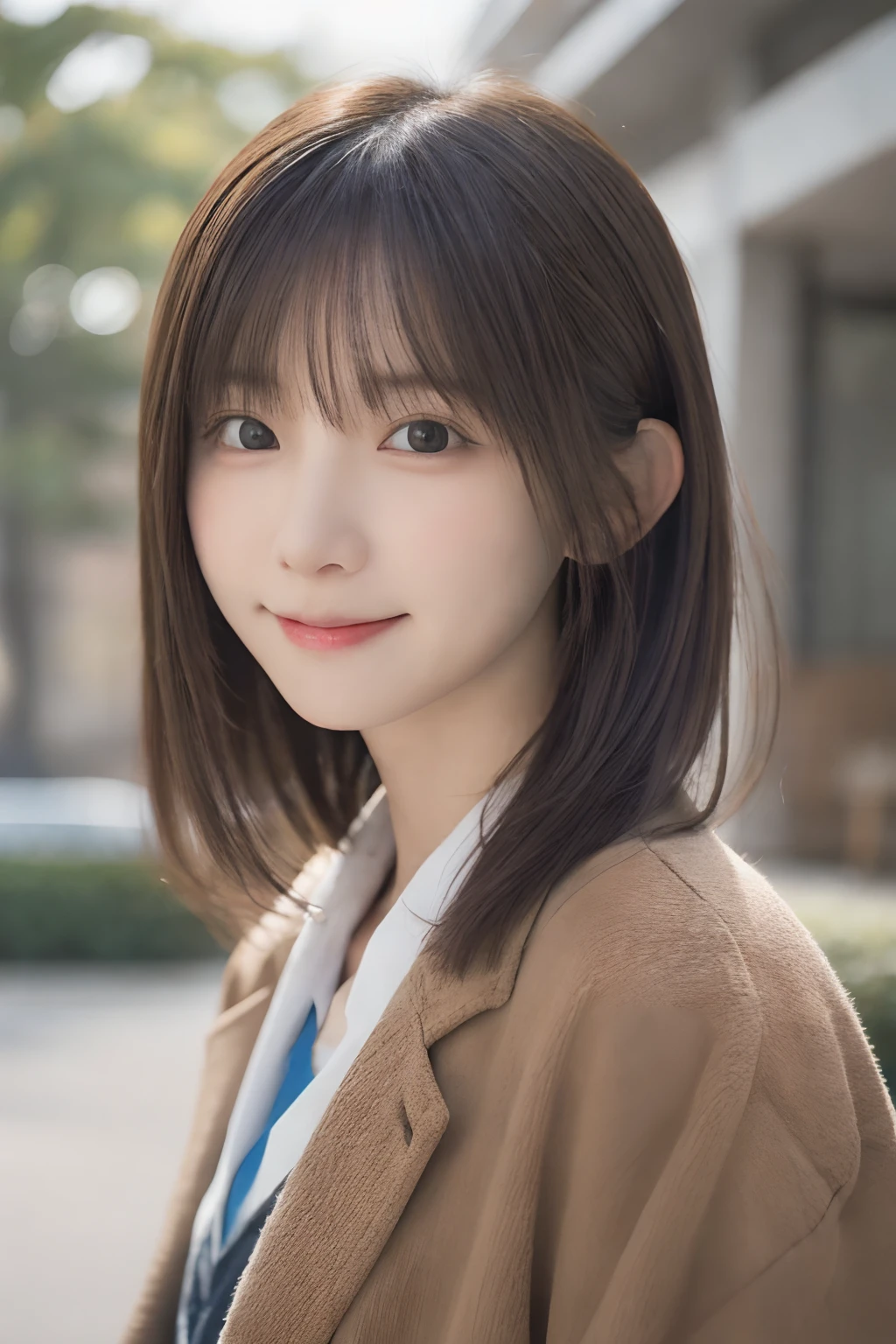 masutepiece, Best Quality, 8K, 15yo student, japanes、Teen, Raw photo, award winning portrait, A smile, Solo, Night, Idol face, violaceaess, gardeniass, Delicate girl, Upper body, Digital SLR, Looking at Viewer, Candid, Sophisticated, zora々Right, Thin arms, Professional Lighting, Film grain, chromatic abberation, (Eyes and faces with detailed:1.0),　A dark-haired、drooing eyes、Japanese high school  girl、kawaii faces:1.2,　dark brown eyes、eyes glowing eyes、Beautie、Charming、