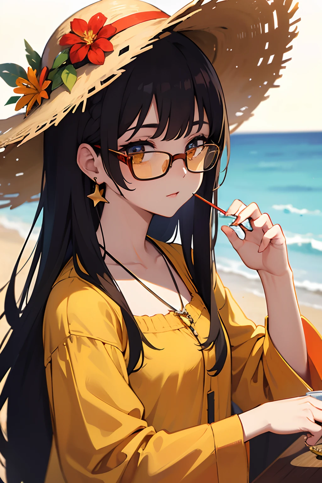 absurdres, highres, ultra detailed, 1girl, solo, extremely detailed eyes, starfish, seashell, shell, flower, hat, hair ornament, jewelry, straw hat, looking at viewer, sunglasses, hat flower, drinking straw, hairclip, earrings, red flower, tinted eyewear, yellow flower, bangs, english text, multicolored hair, orange flower, black hair, ring, cup, long hair, orange-tinted eyewear, food, brown hair, portrait, shell hair ornament